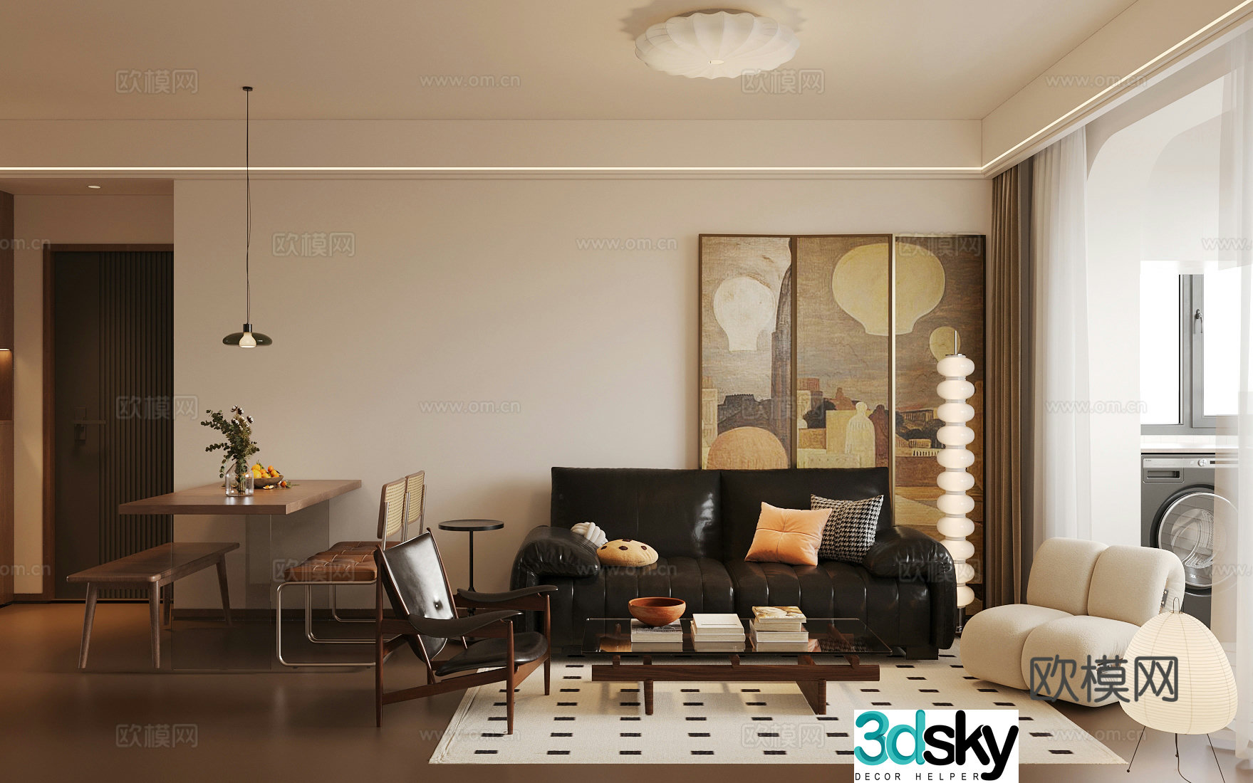Middle style living room large flat floor living room sofa and coffee table combination middle style dining table and chair 3D model