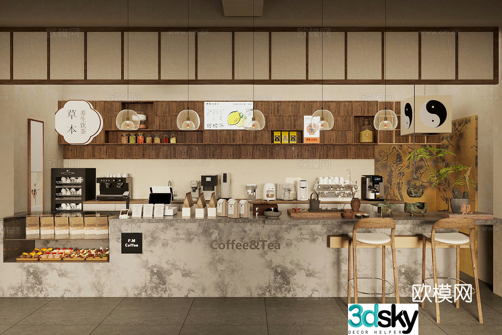 New Chinese style teahouse New Chinese style medieval teahouse Tea room workbench operation table Coffee milk tea shop water bar 3D model