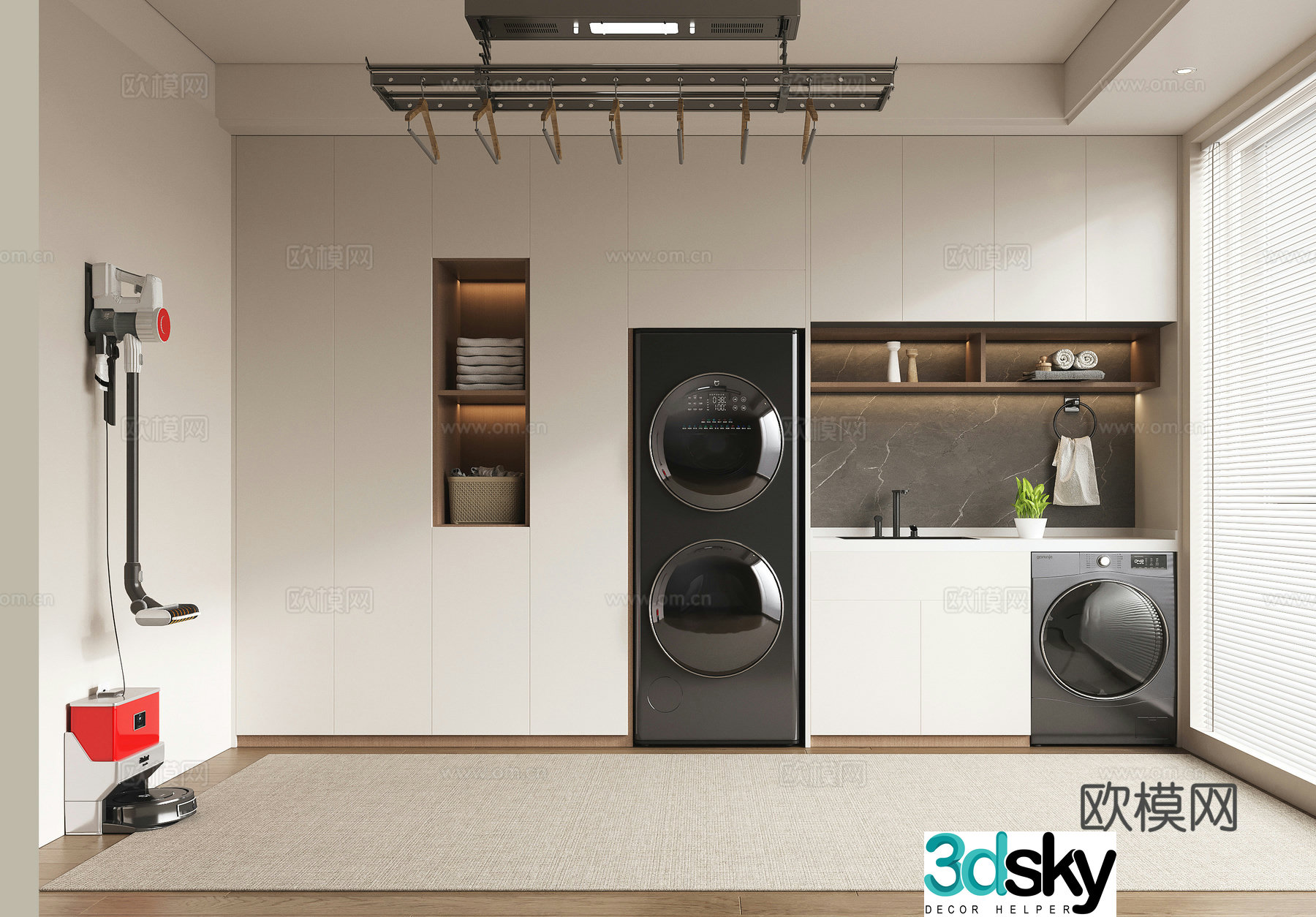 Modern washing machine cabinet hand counter laundry room smart mop clothes drying rack venetian blind washing 3d model