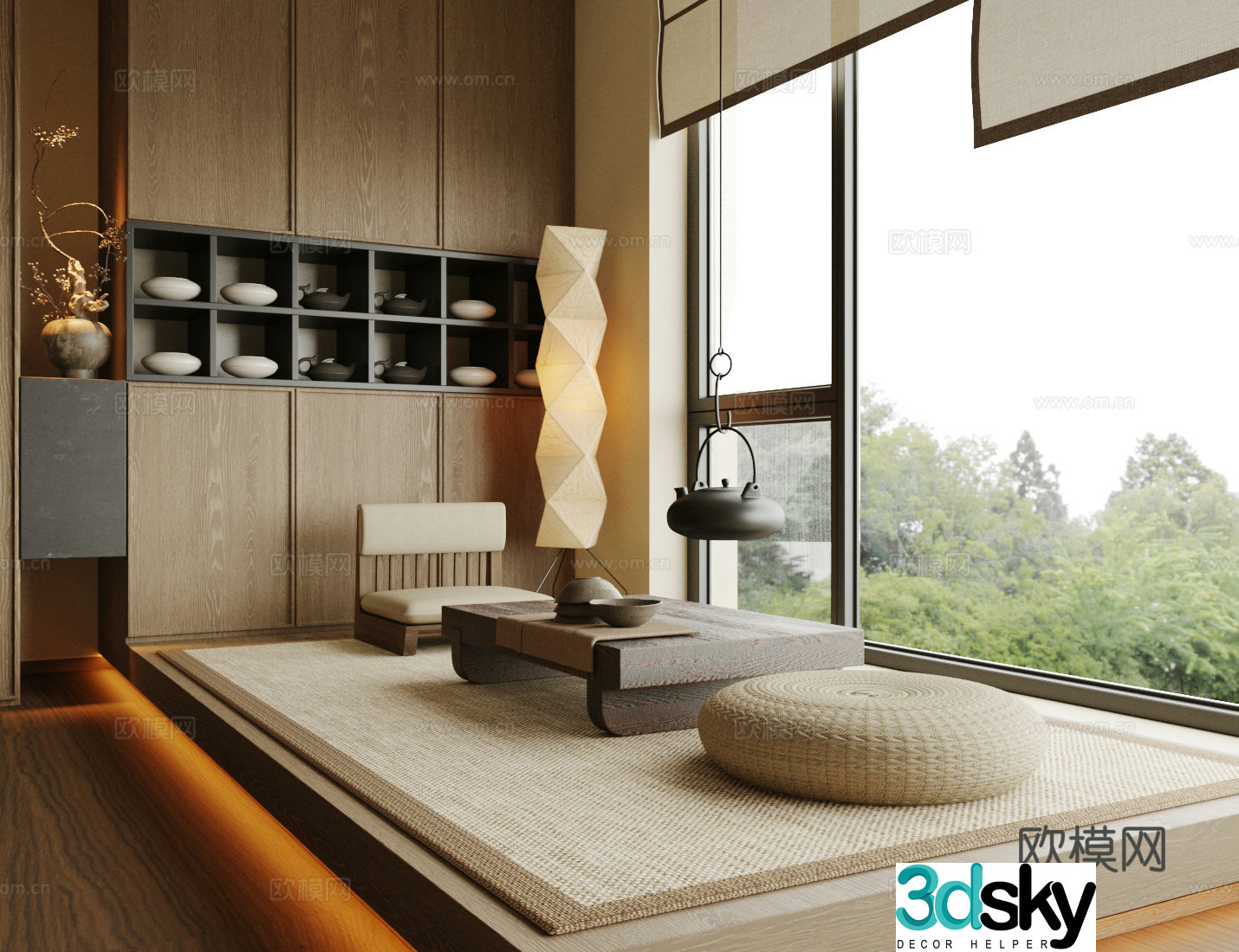 New Chinese style Zen tea room Tatami tea room Balcony tea room Tatami tea table and chair Tea cabinet 3D model