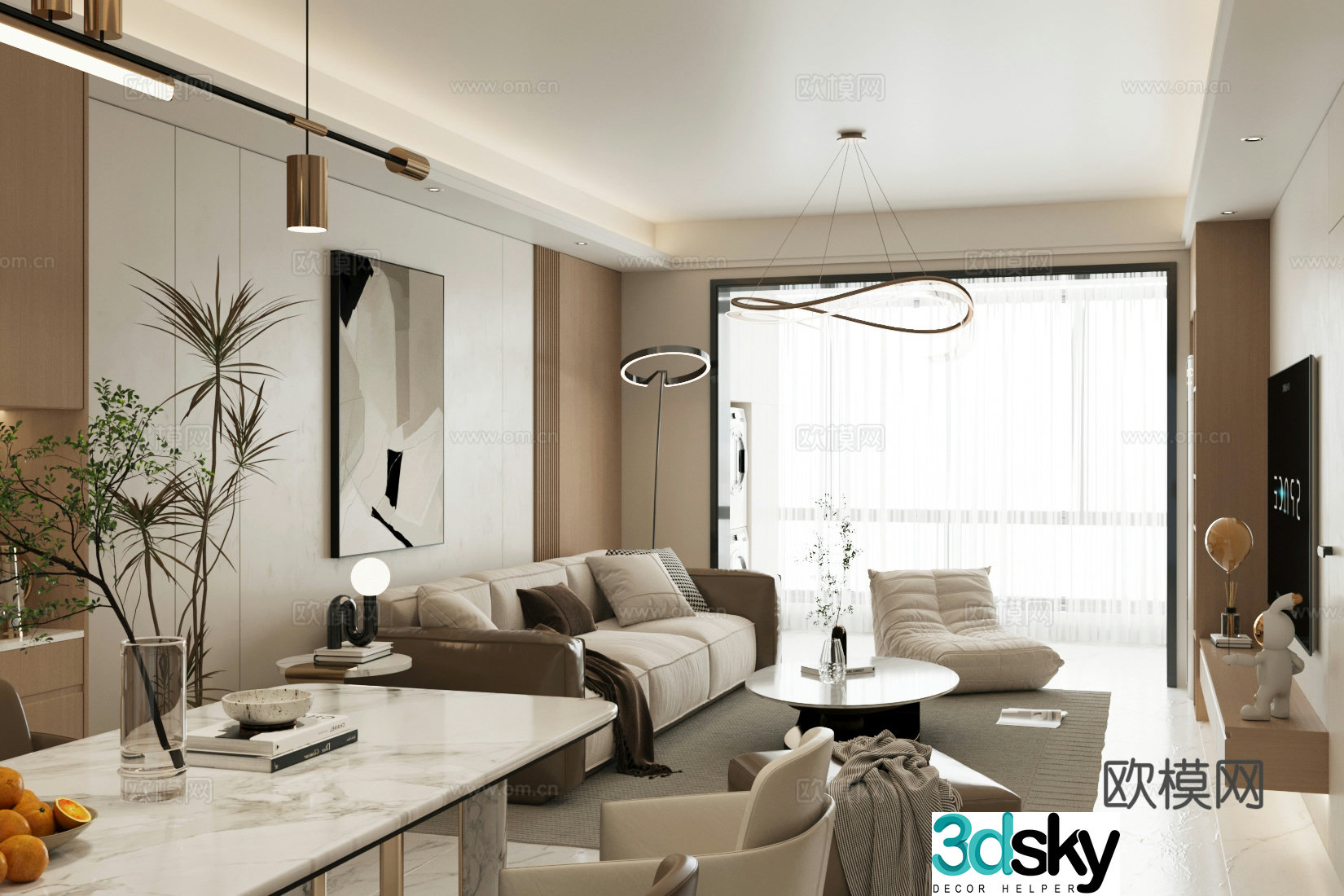 Modern living and dining room sofa coffee table Italian light luxury living and dining room large flat floor living and dining room horizontal living room 3D model