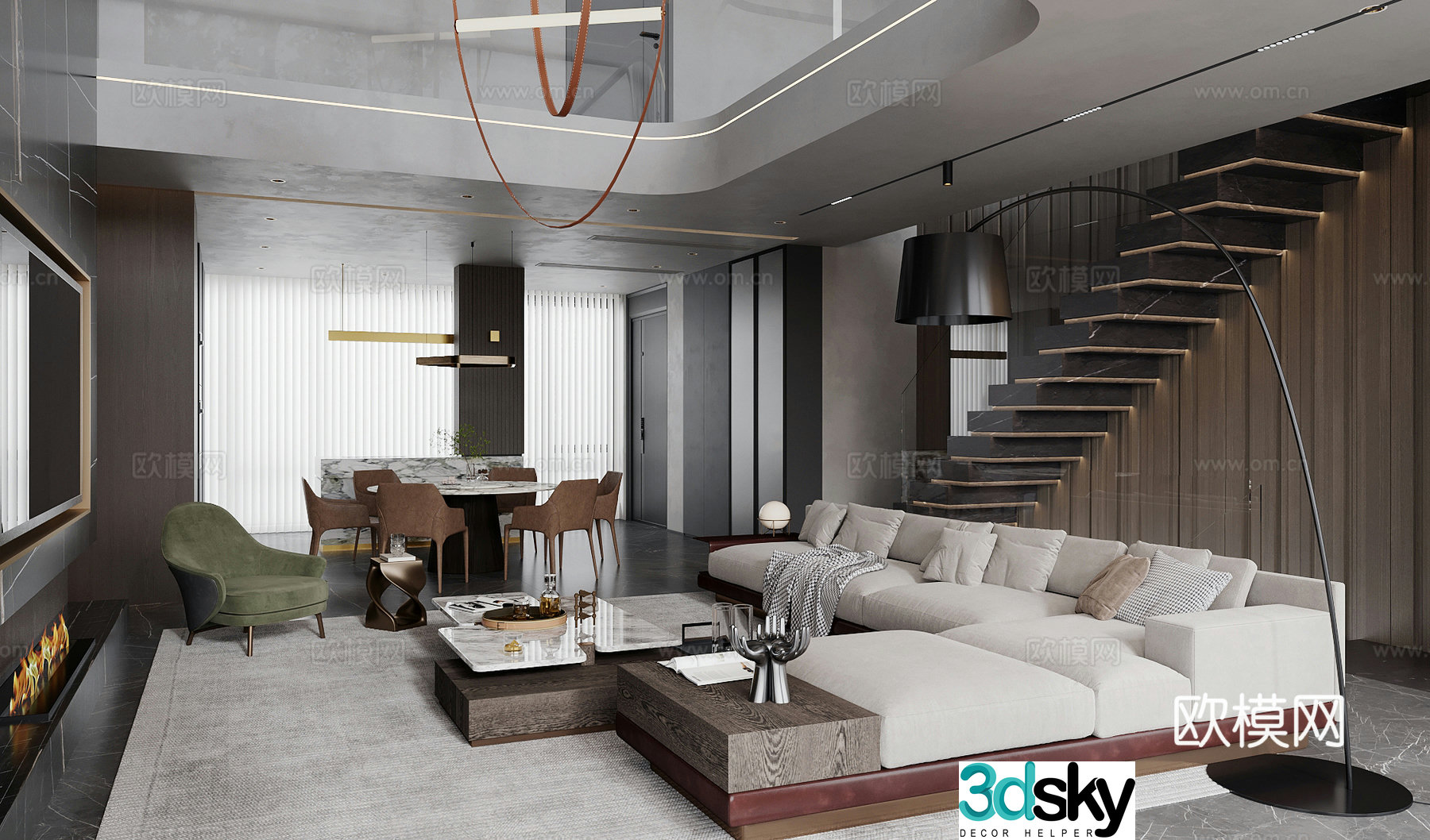 Modern living and dining room sofa coffee table Italian light luxury living and dining room large flat floor living and dining room horizontal living room 3D model