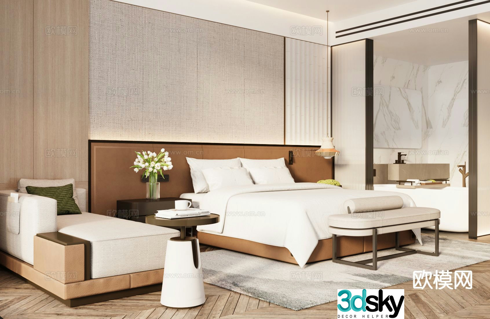 Light luxury hotel suite queen-bed room 3D model