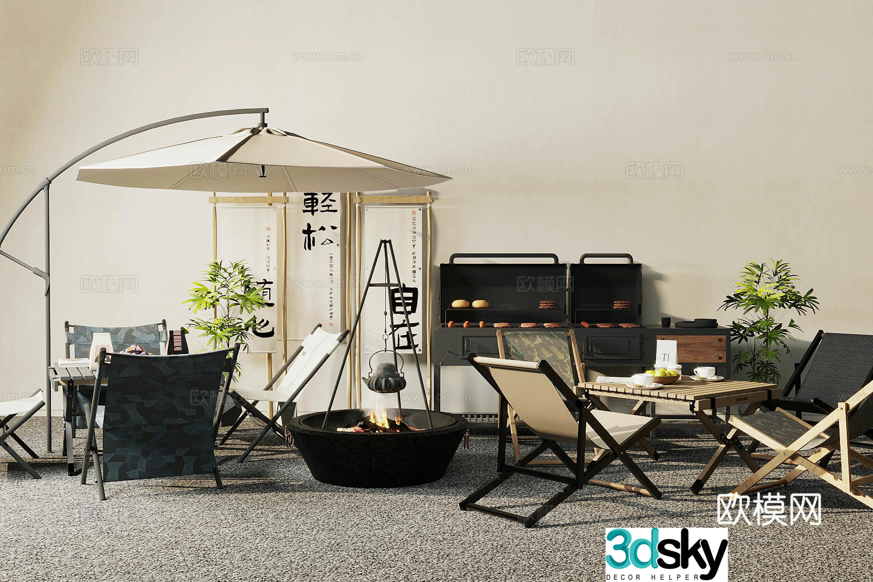 Camping wind cafe lounge area camping table and chairs natural camping wind milk tea shop green plant pile 3d model