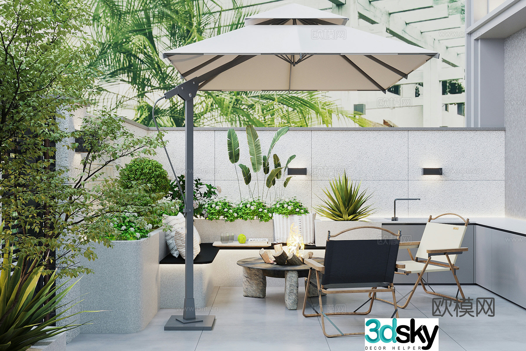Modern balcony garden landscape 3d model