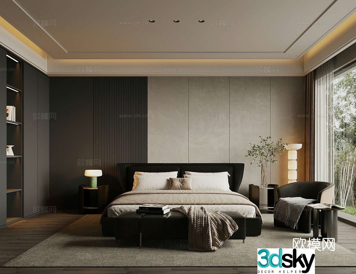 Modern light luxury home bedroom premium gray bedroom no owner light bedroom black and white gray bedroom leisure chair 3d model