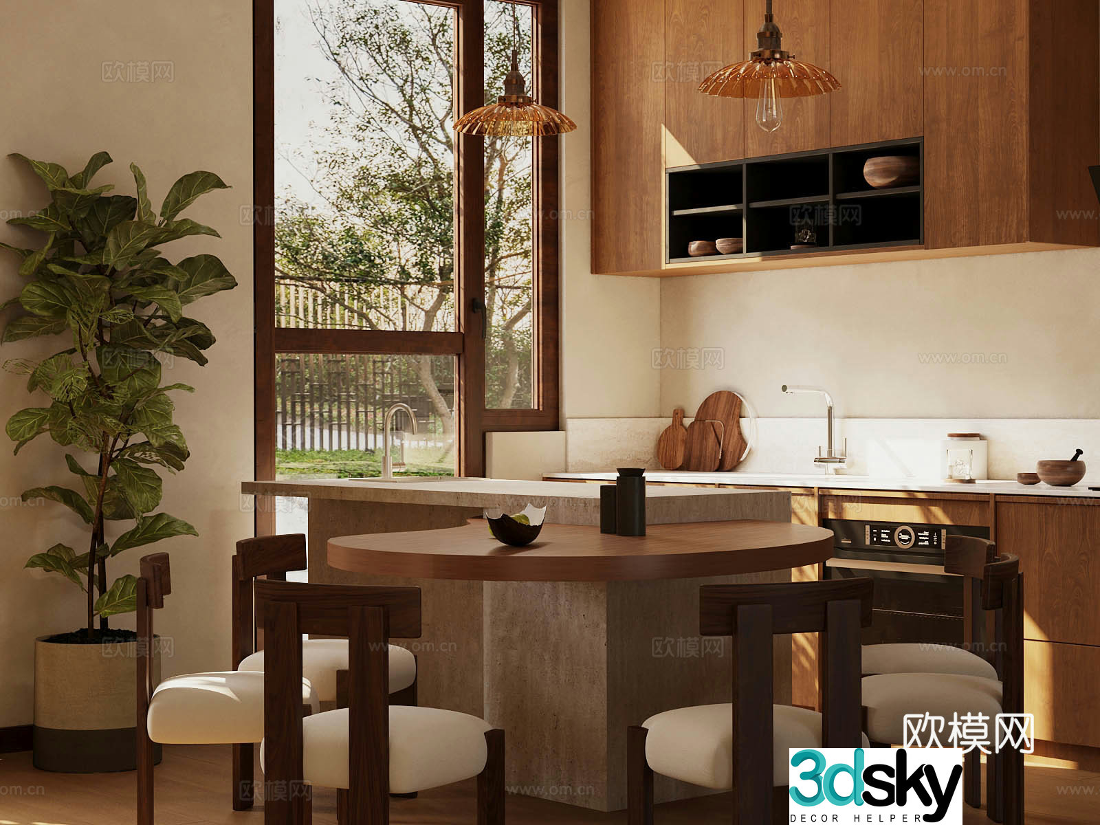 Middle style home restaurant Open restaurant Log style home restaurant Kitchen restaurant Round table 3D model