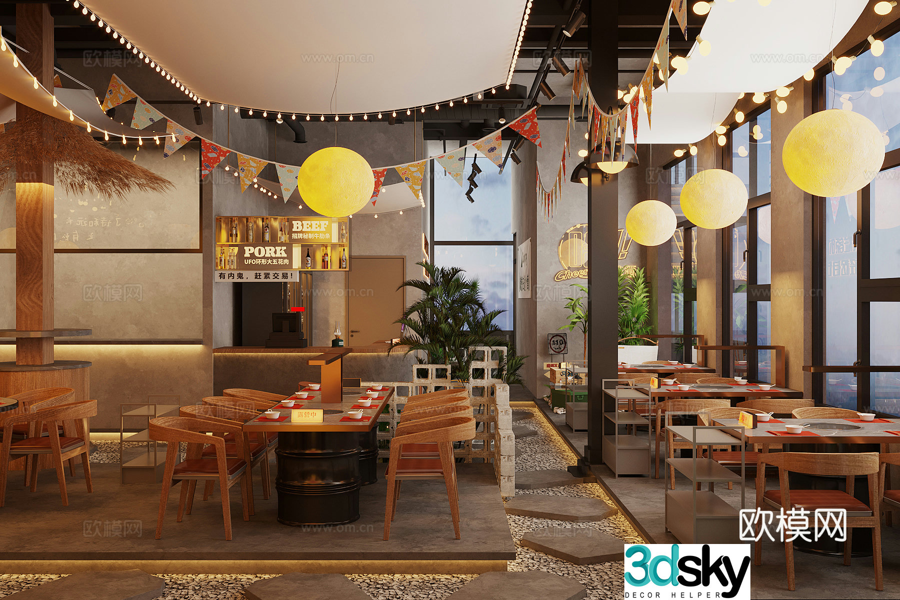 Industrial style tea restaurant hot pot restaurant barbecue barbecue restaurant hot pot table and chair star lamp moon lamp 3d model