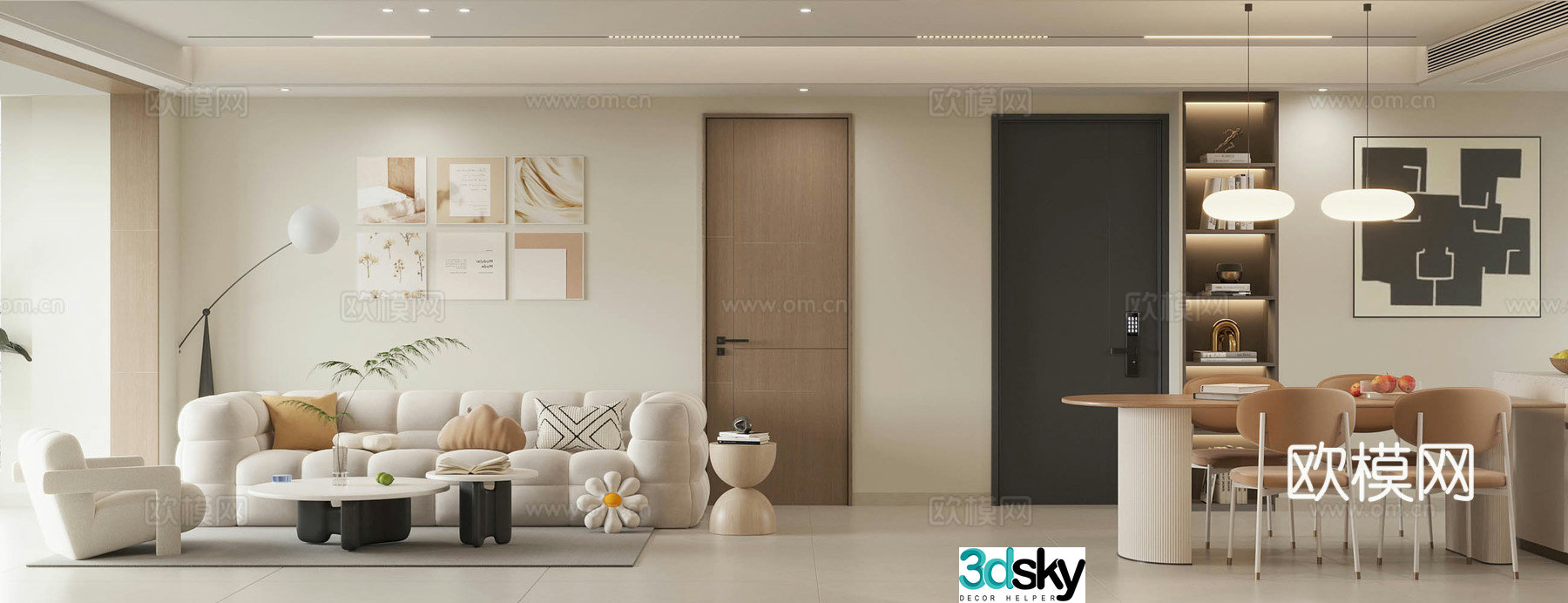 Creamy style home living and dining room sofa and coffee table combination cotton candy sofa homeless lights 3D model