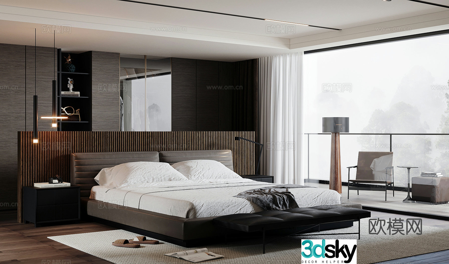 Modern light luxury home bedroom premium gray bedroom no owner light bedroom black and white gray bedroom leisure chair 3d model