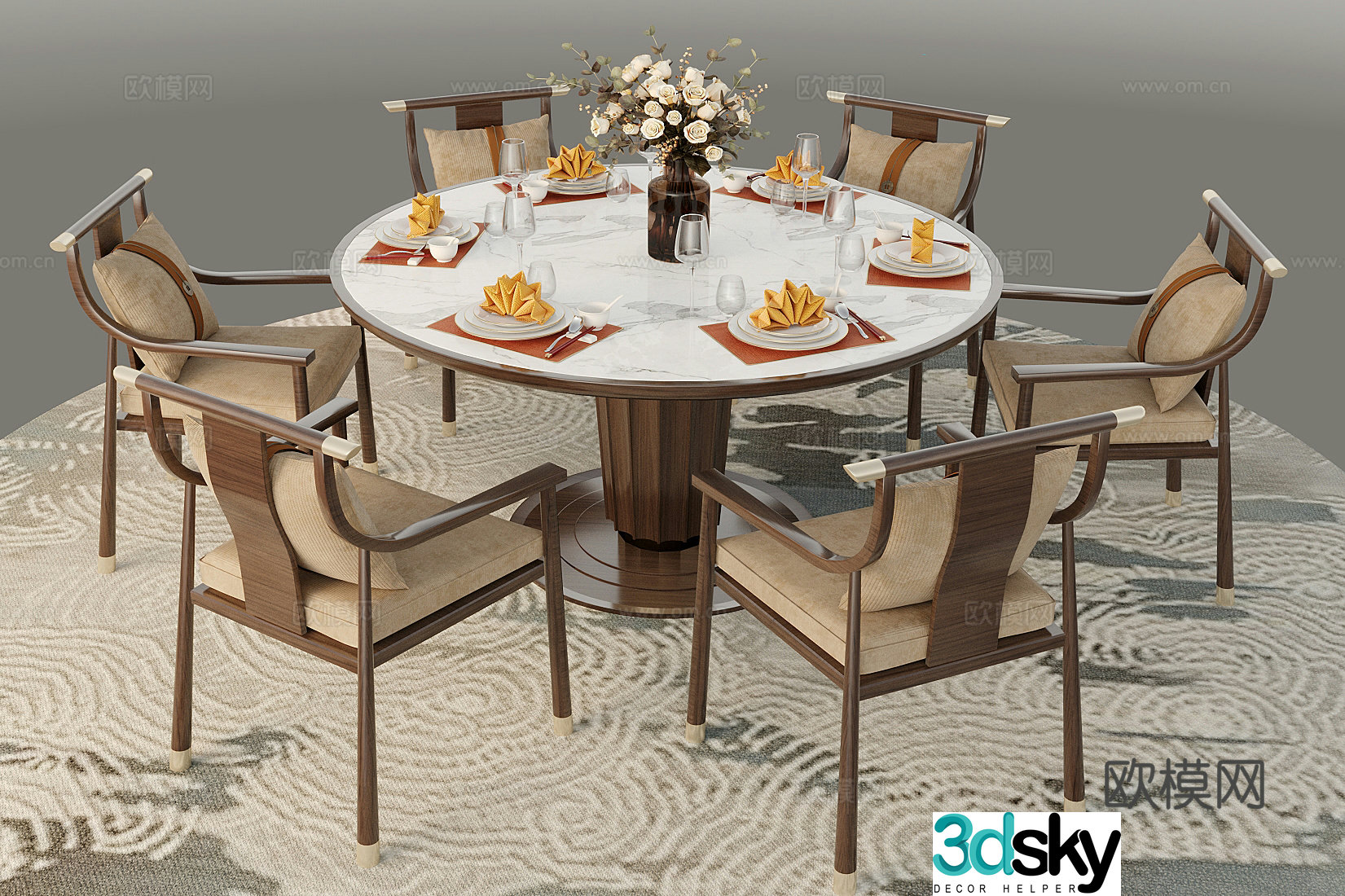 New Chinese dining table New Chinese dining table and chair combination Solid wood dining chair Dining table 3D model