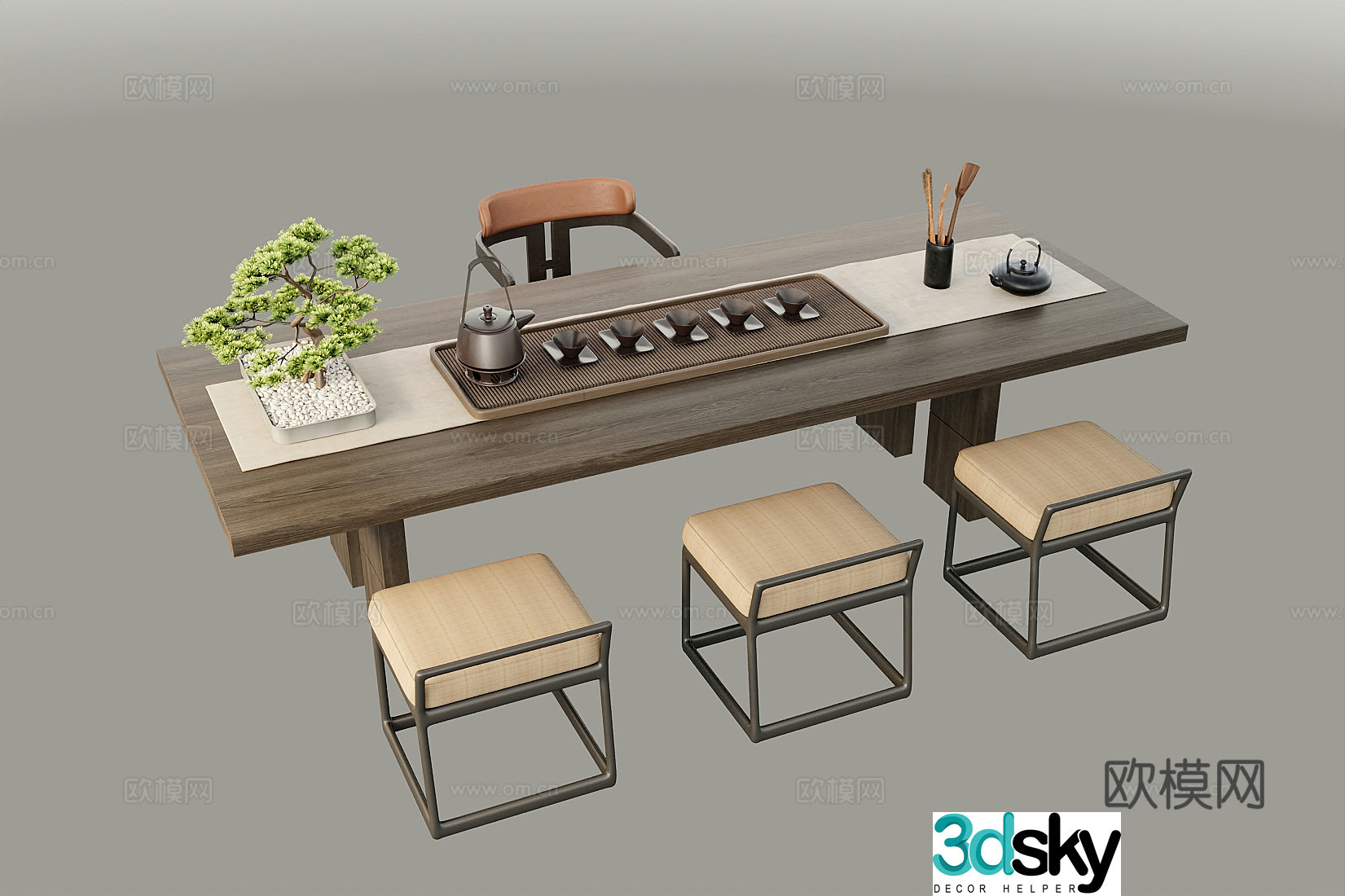 New Chinese tea table and chair New Chinese tea table and chair combination Tea set Potted ornaments 3D model