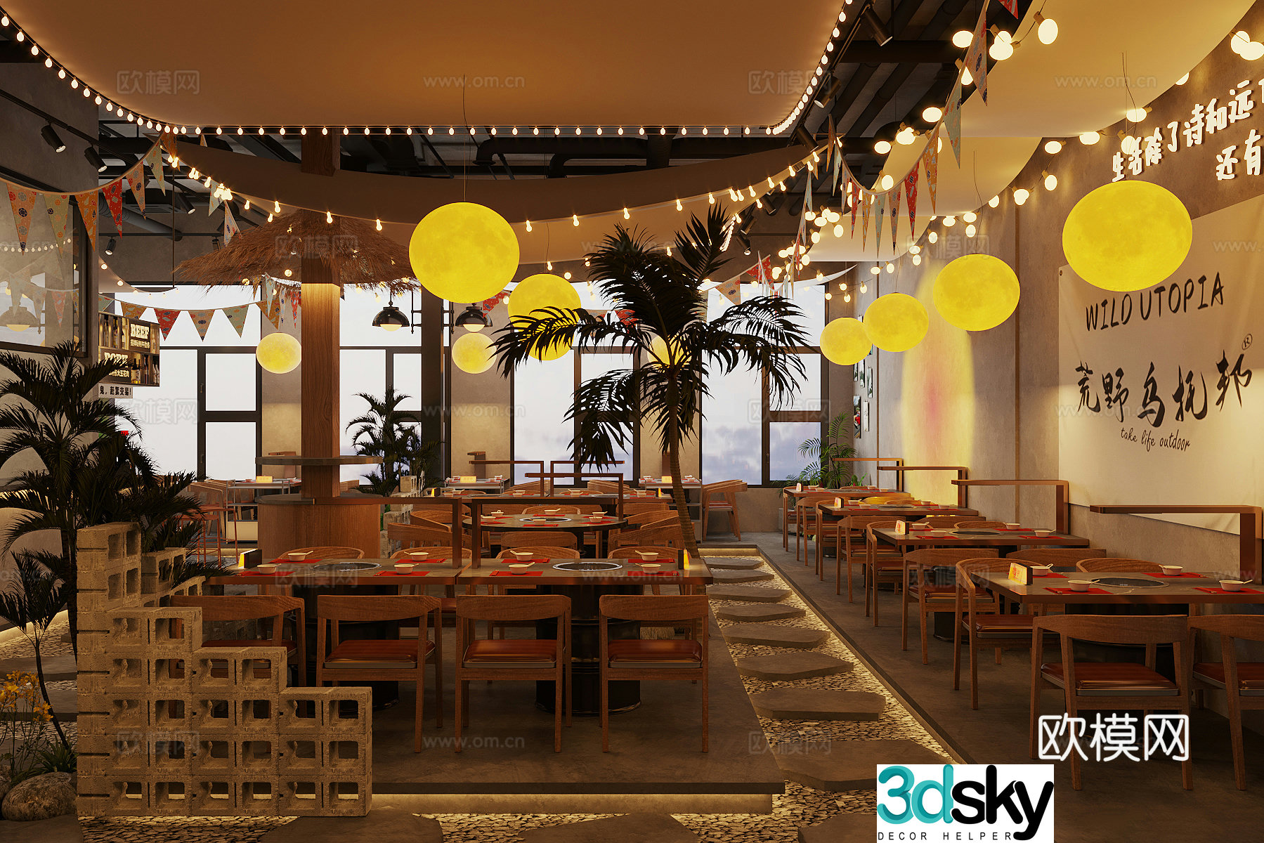 Industrial style barbecue restaurant hot pot restaurant roast pork shop Chinese restaurant dining table and chair combination moonlight 3d model