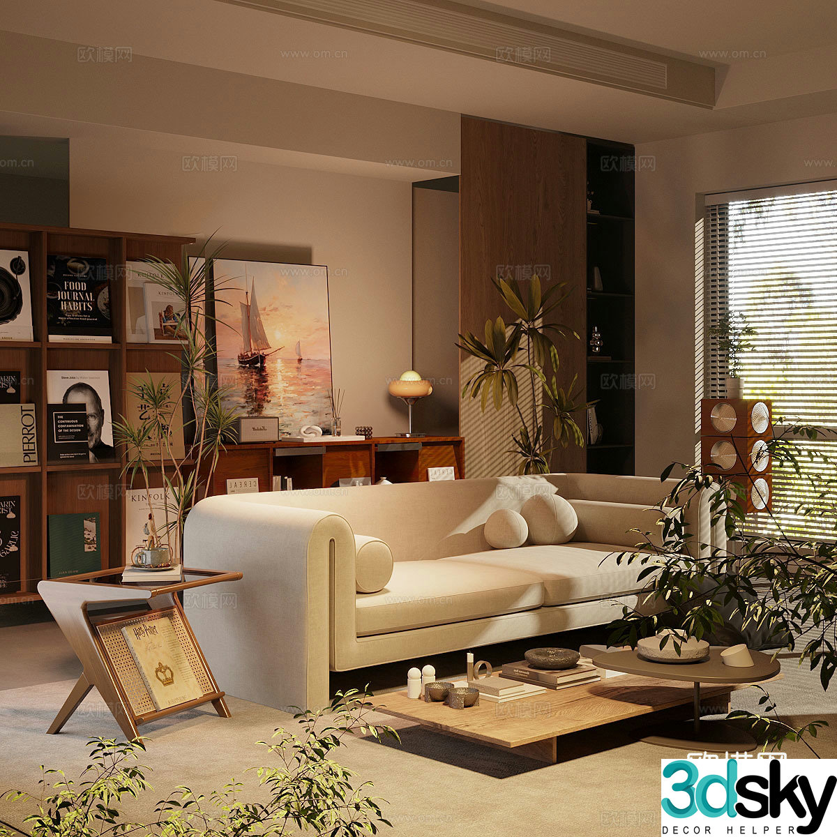 Retro medieval home living room Home living room Sofa coffee table combination Side and corner bookshelf 3D model
