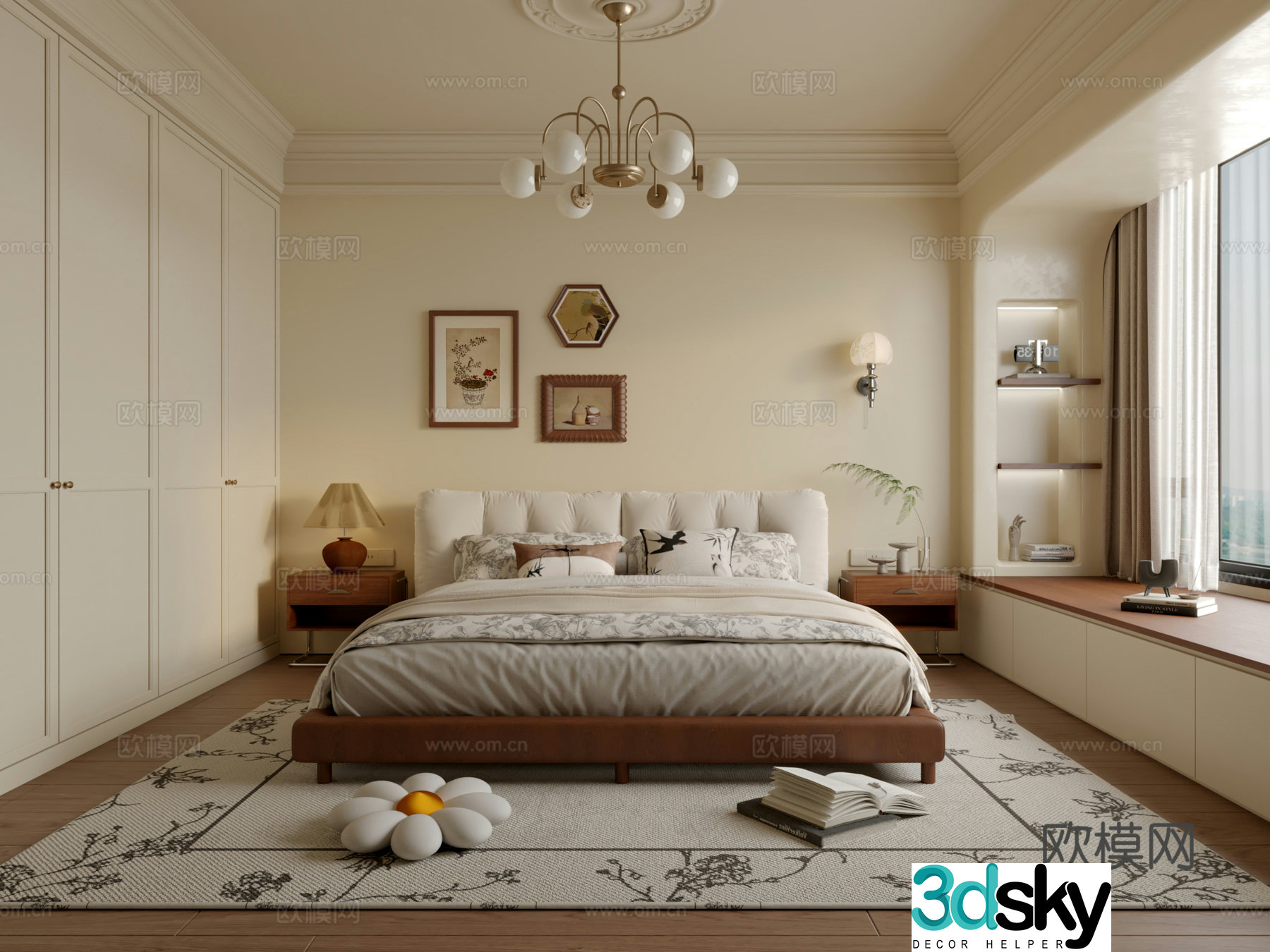 Medium style cream bedroom 3d model