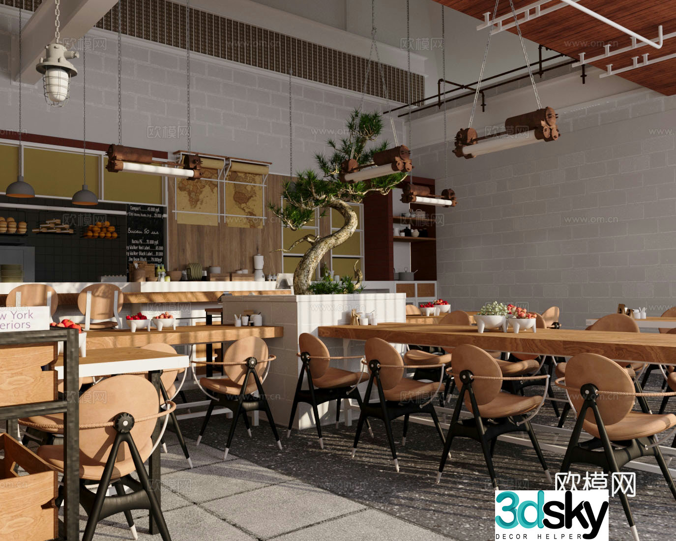 Middle-aged cafe cafe dining table and chair combination beverage operation table chandelier green plant 3D model