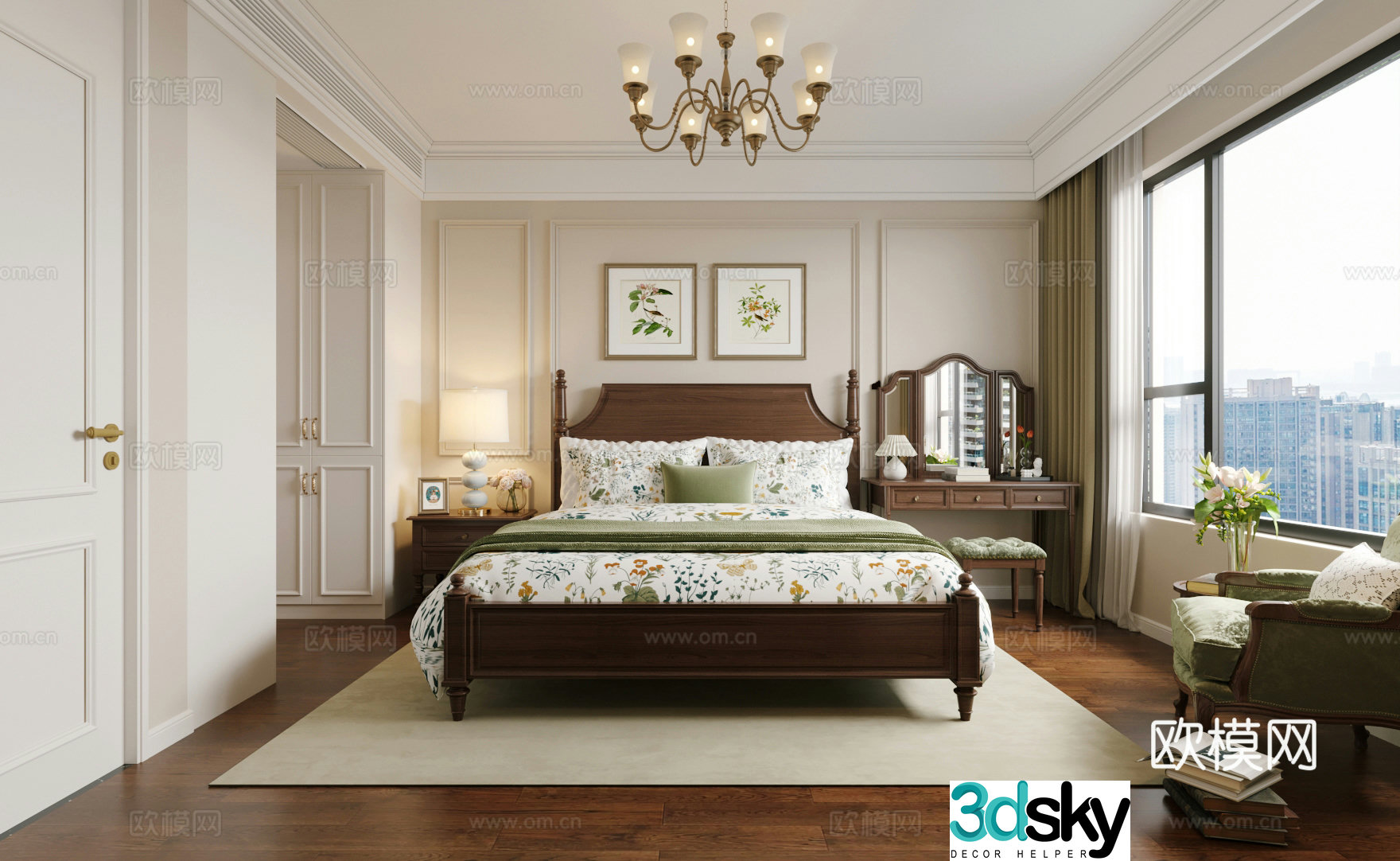 Middle style home bedroom Middle style elder room Second bedroom Middle style bedroom bed bed nightstand 3D model