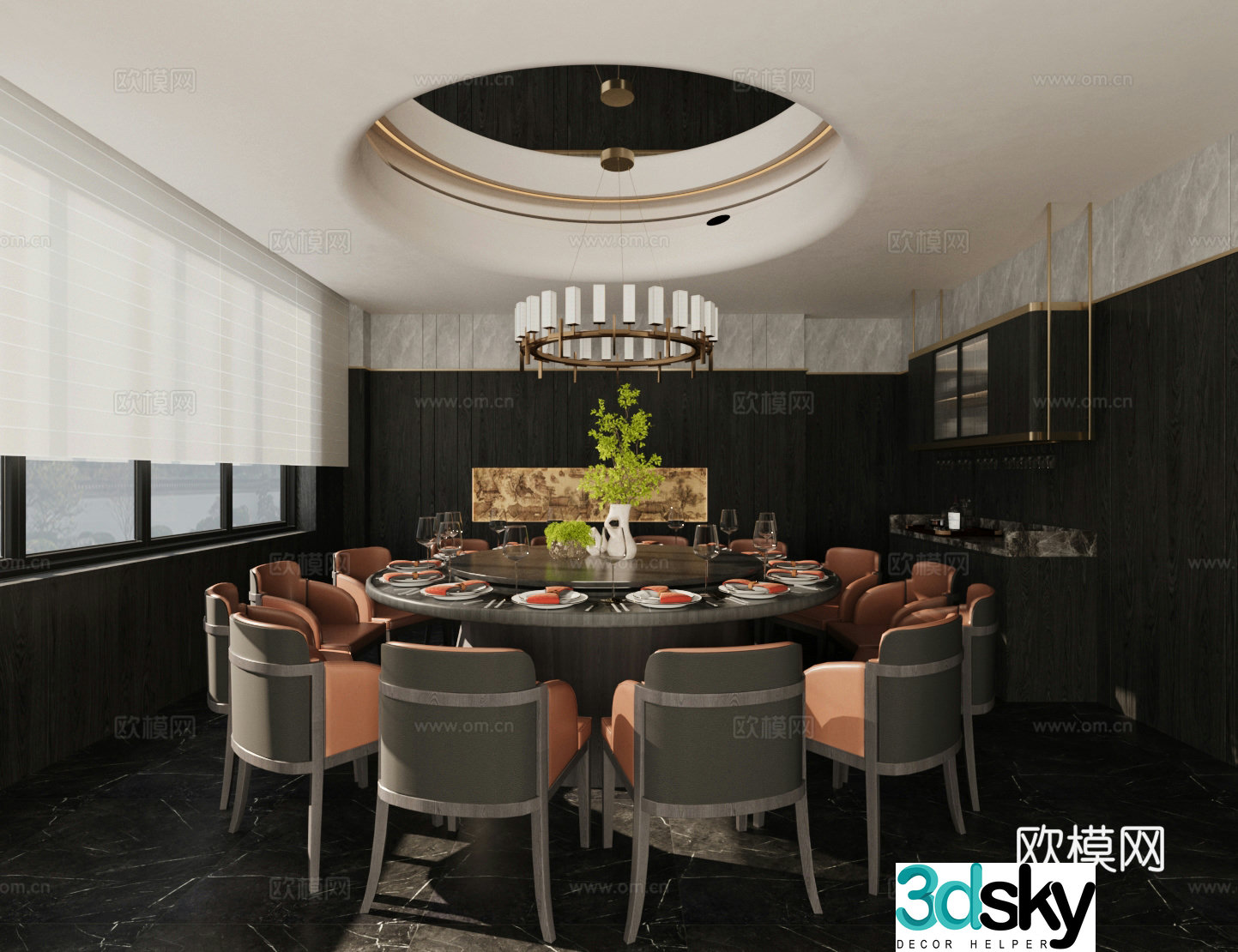 New Chinese-style private room New Chinese-style restaurant private room Dining table and chair combination Chandelier 3D model