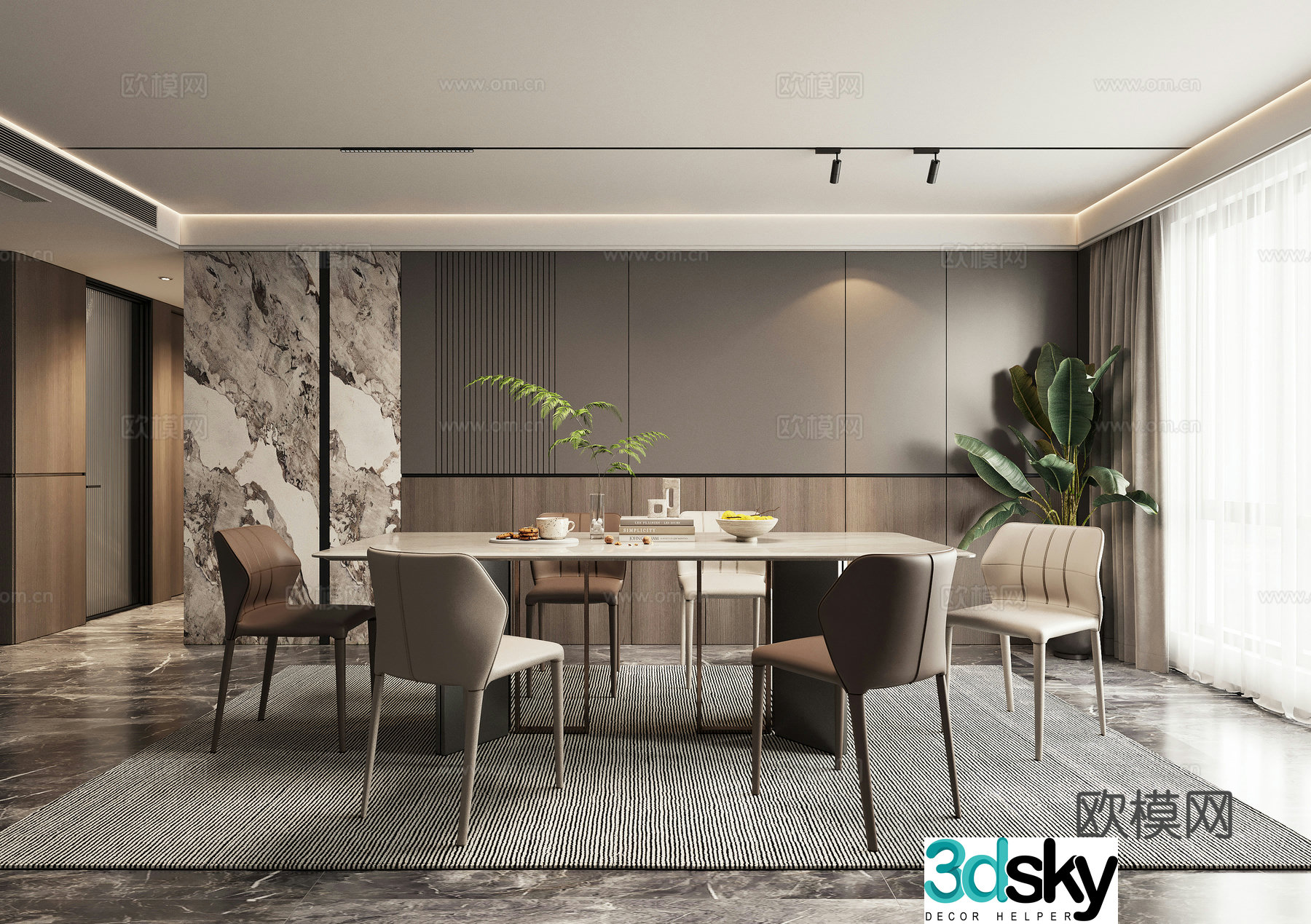 Modern high-end gray restaurant dining table and chair 3d model