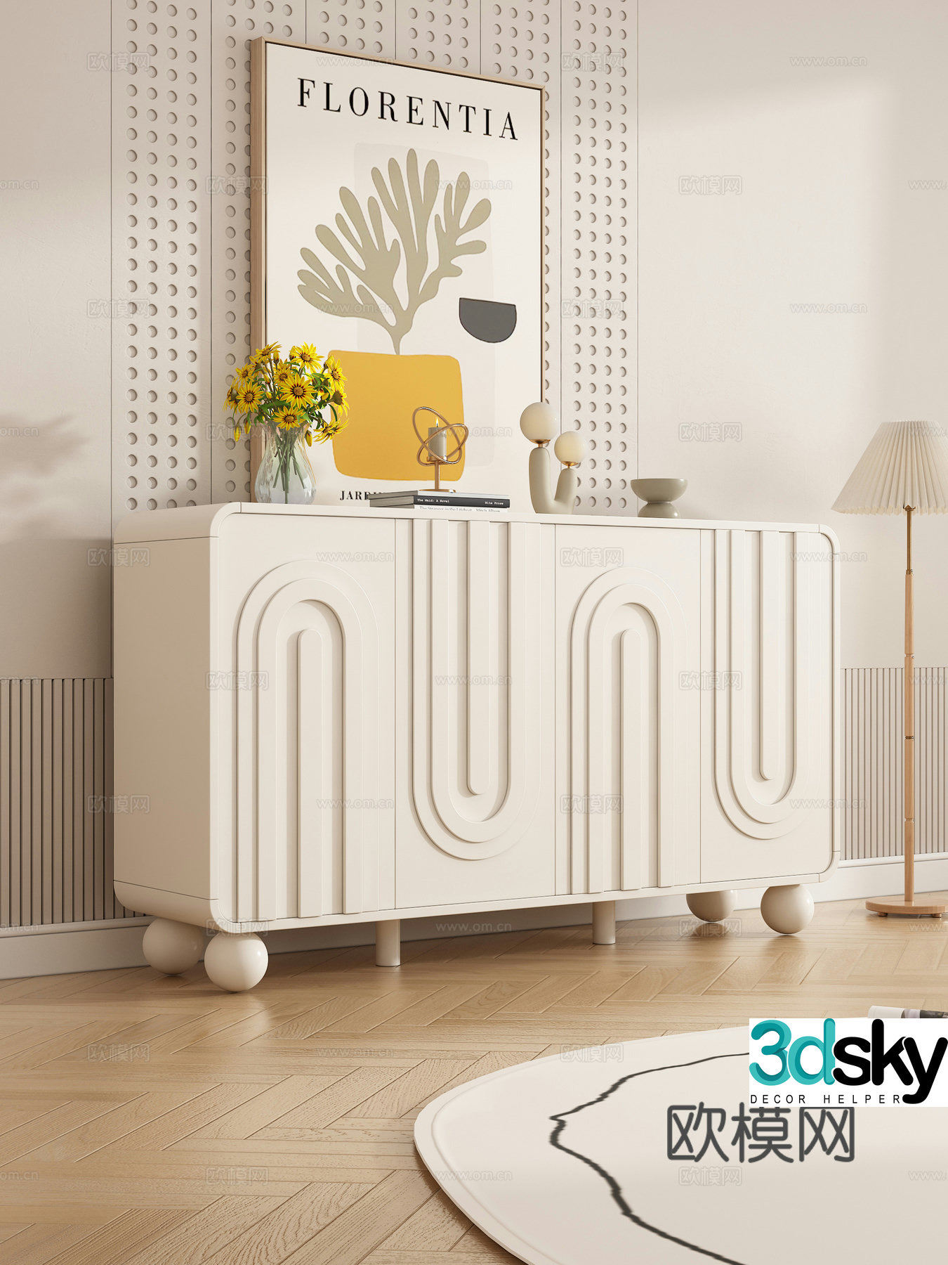 Creamy sideboard vase ornament combination decorative painting book 3d model