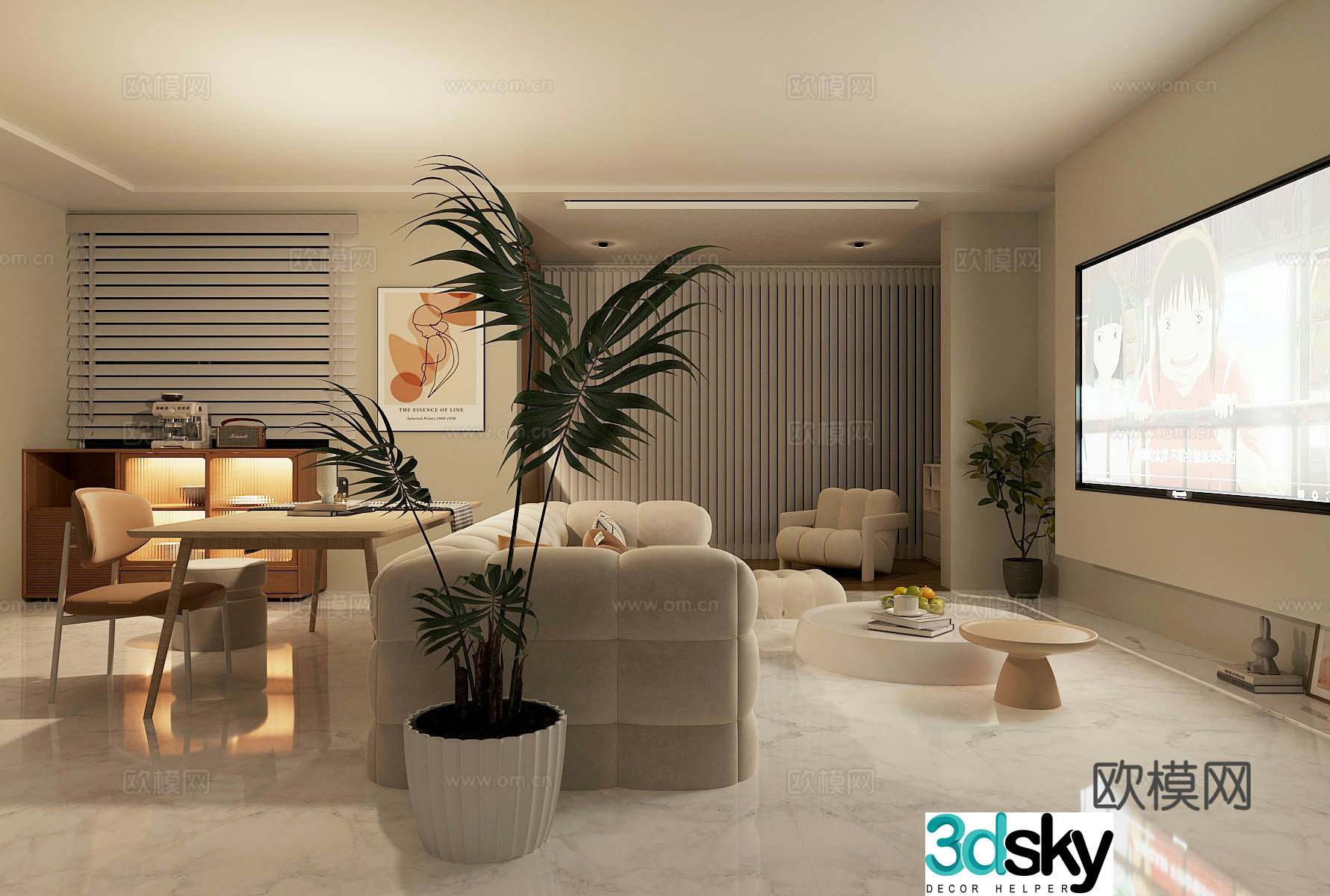 Cream style home living room horizontal hall black and white living room without light living room living room sofa coffee table combination 3D model