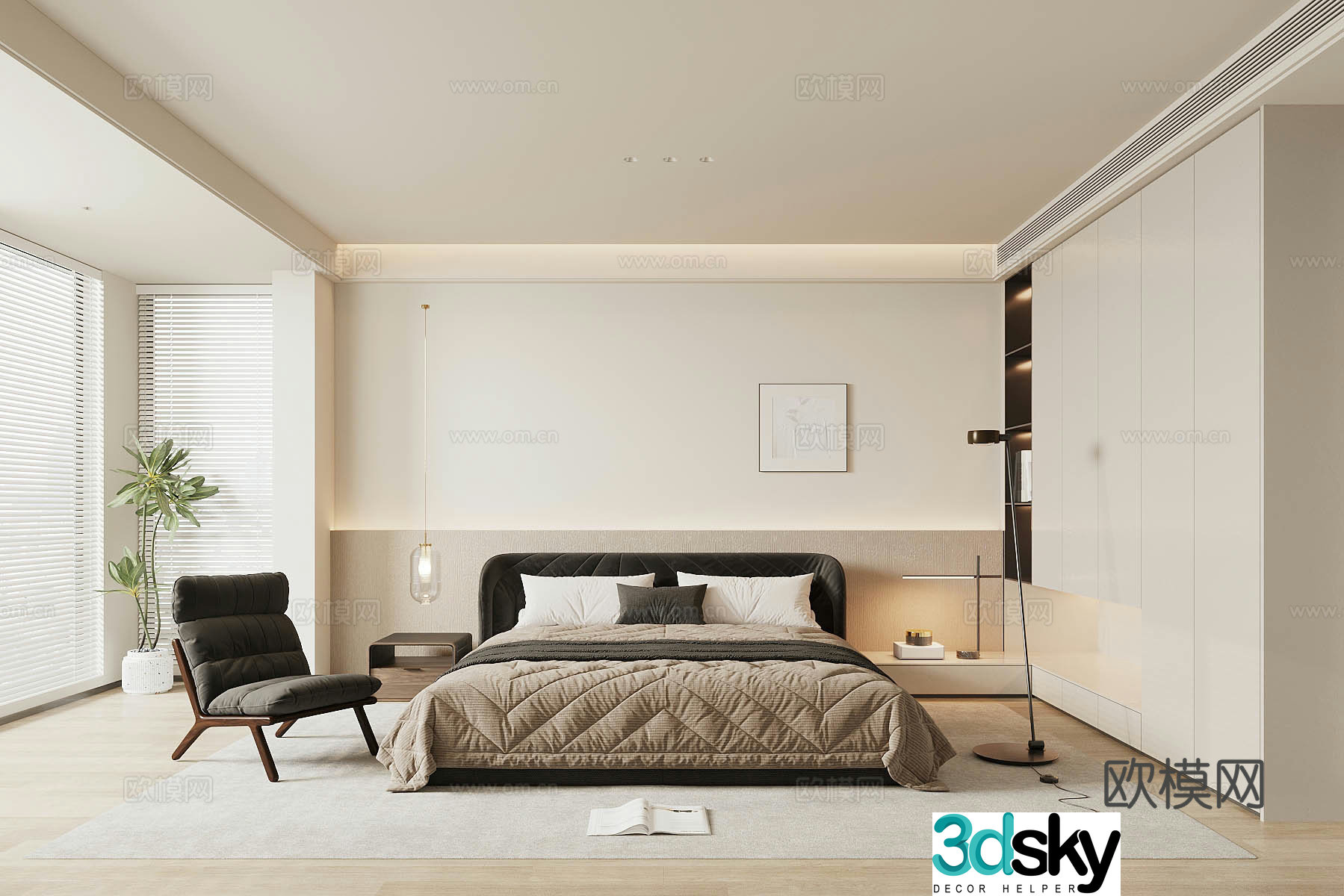 Modern light luxury home bedroom premium gray bedroom master bedroom second bedroom elderly room double bed wardrobe 3d model