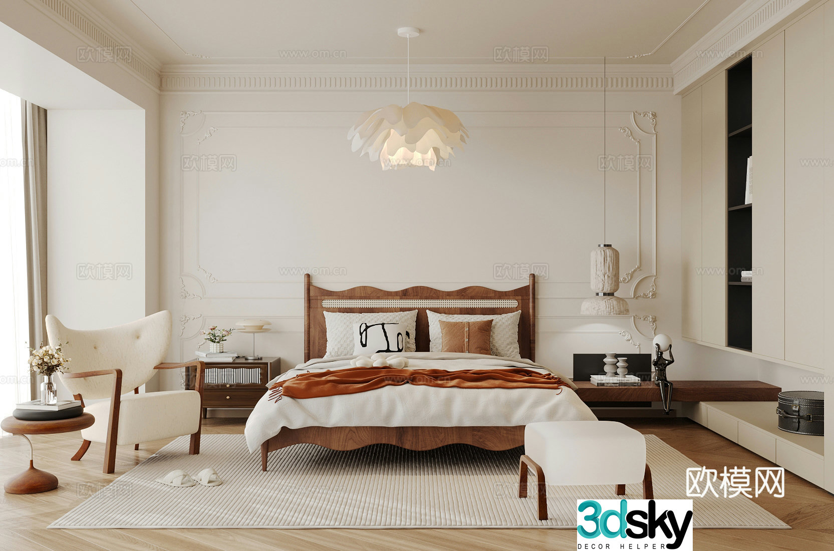 Middle style home bedroom Middle style elder room Second bedroom Middle style bedroom bed bed nightstand 3D model