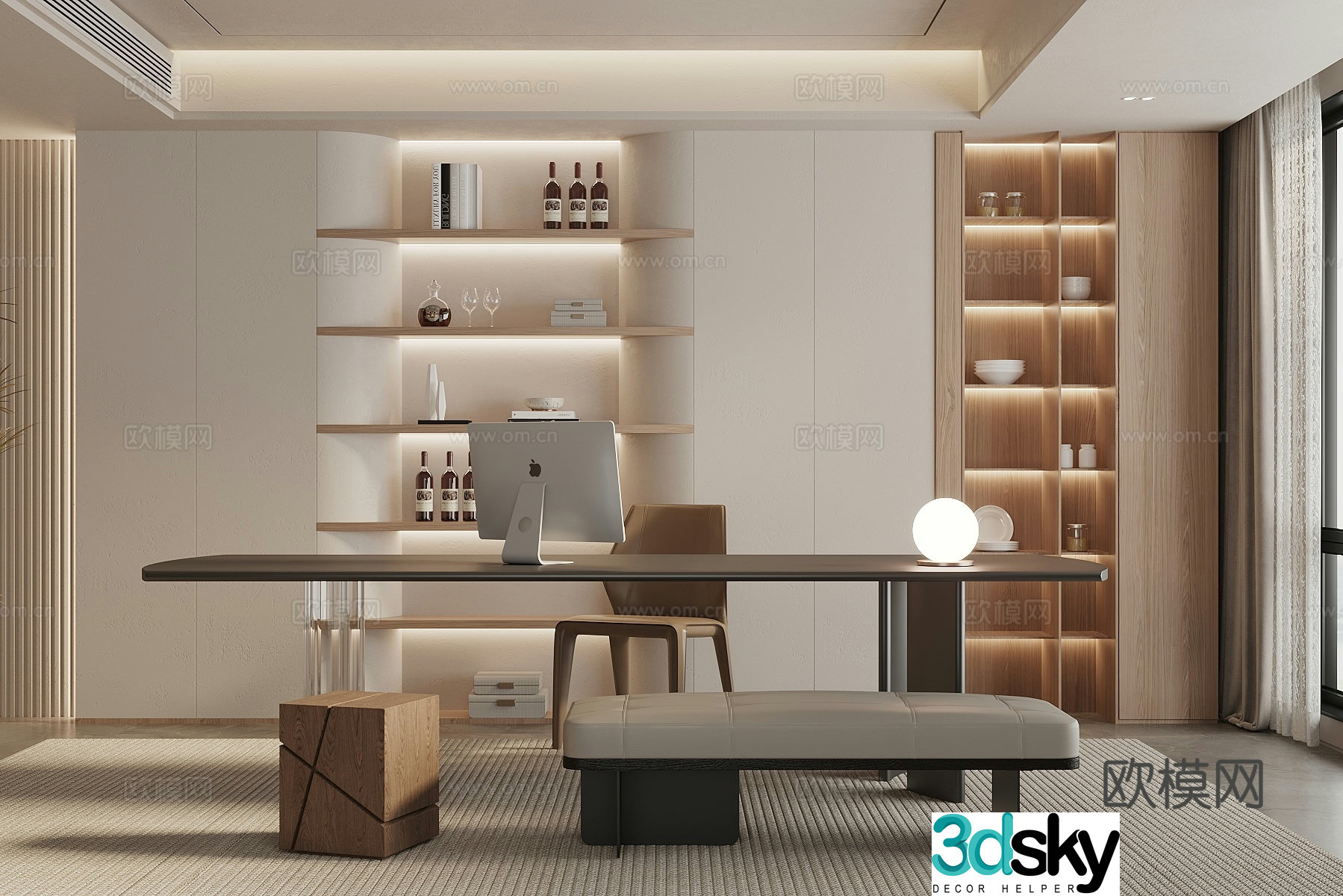 Modern study modern desk and chair cabinet wall cabinet bookcase desk ornament adult study 3D model