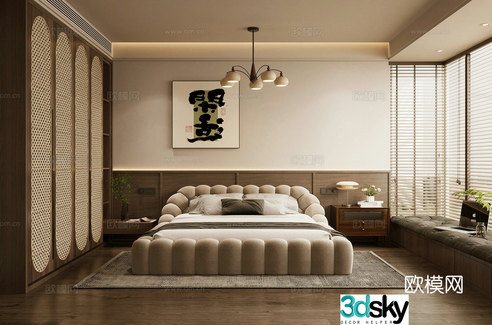 Middle style home bedroom Middle style elder room Second bedroom Middle style bedroom bed Middle style bedside table 3D model