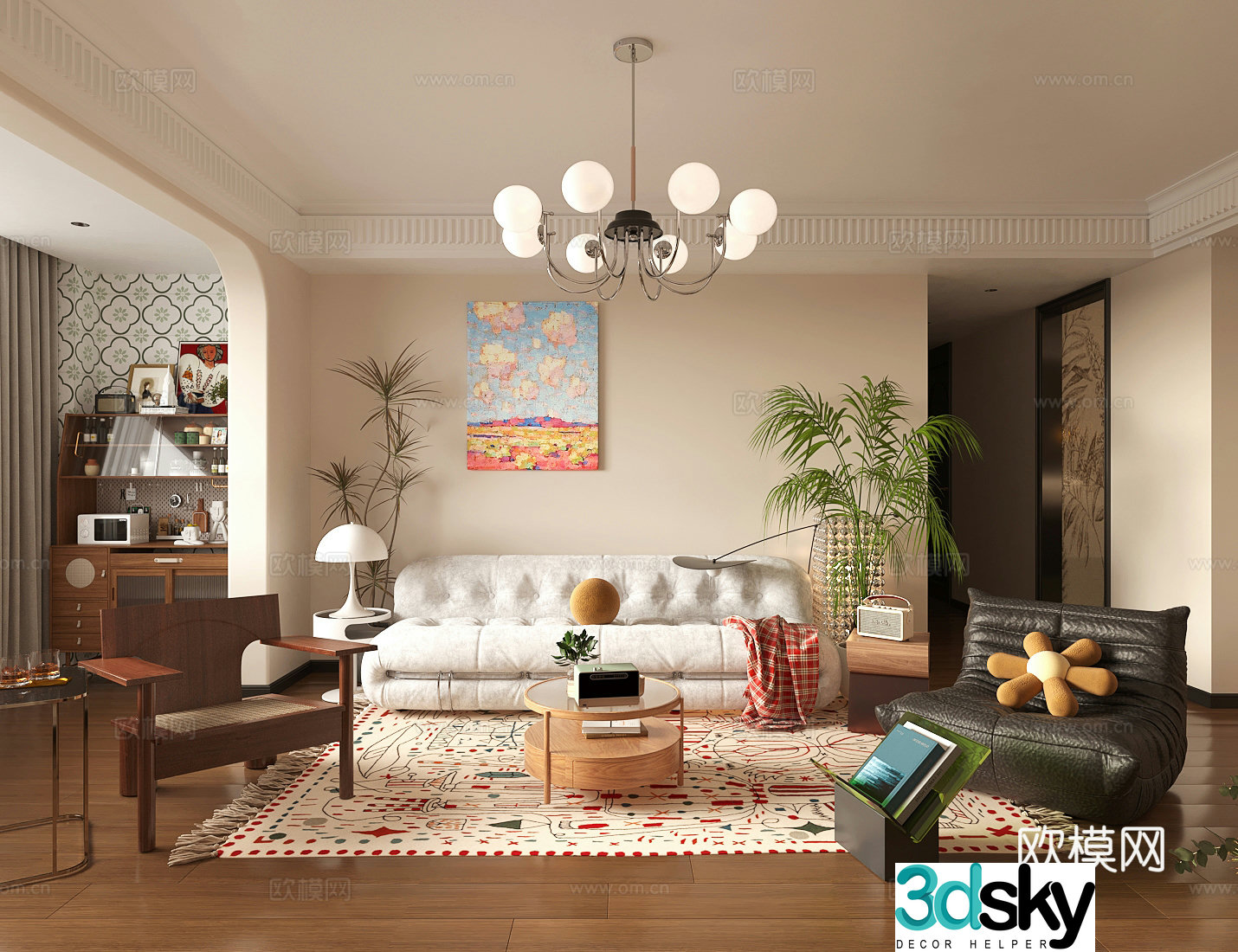 Middle style living room horizontal living room small living room sofa and coffee table combination retro style living room 3D model