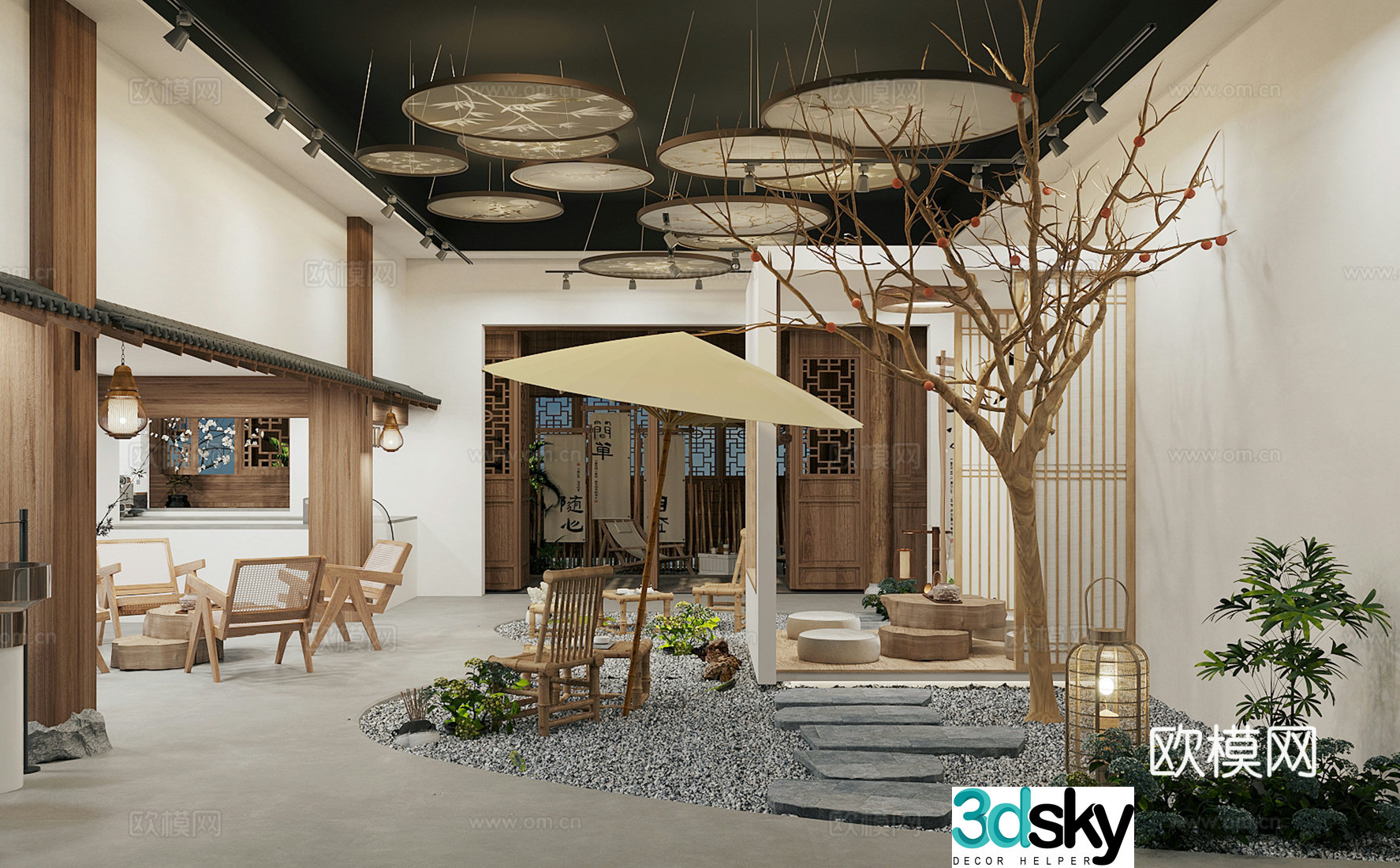 New Chinese teahouse Tea room New Chinese milk tea shop Outdoor table and chairs Coffee shop 3d model