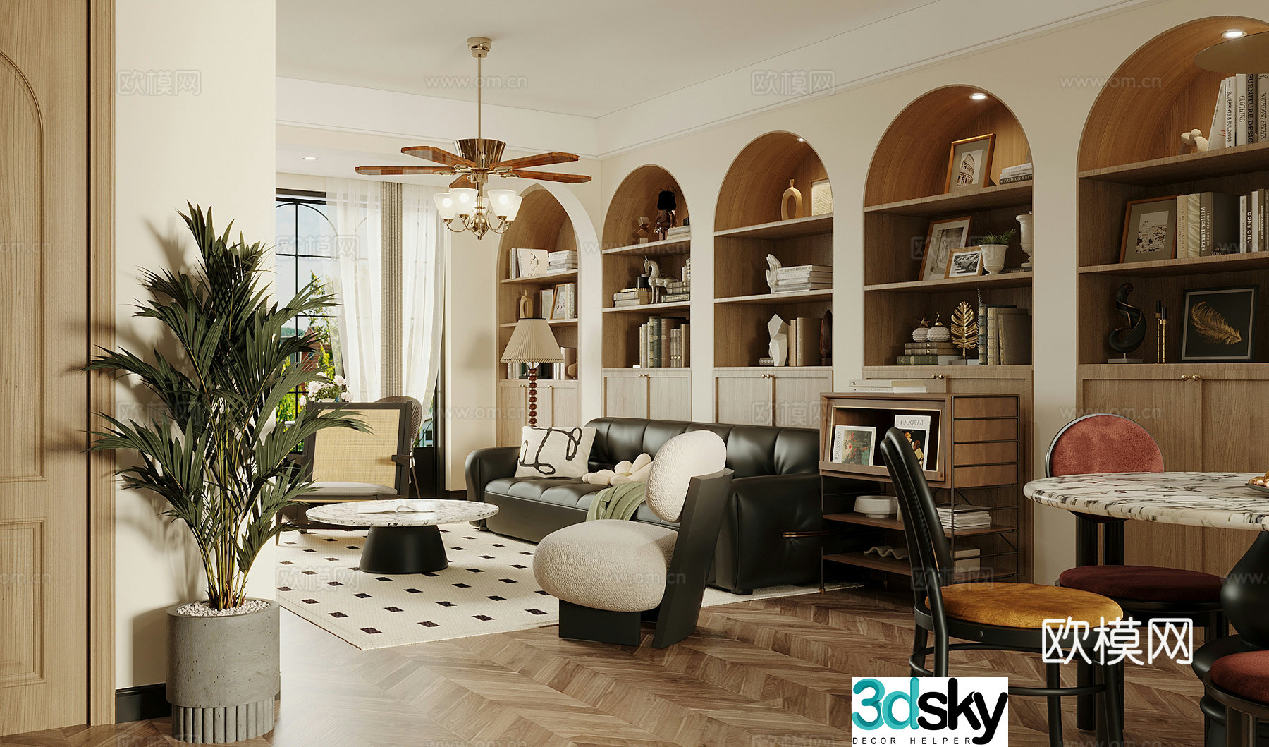 Middle style living room large flat floor living room sofa and coffee table combination middle style dining table and chair 3D model
