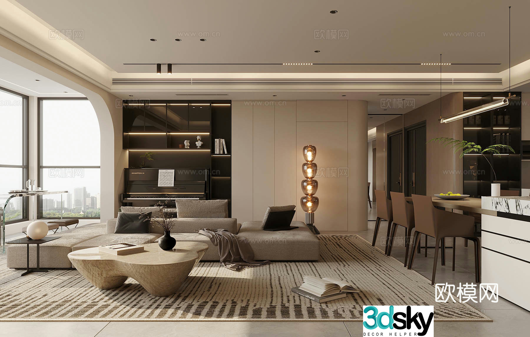 Modern home living and dining room sofa and coffee table combination fabric sofa living and dining room without owner lights island 3D model