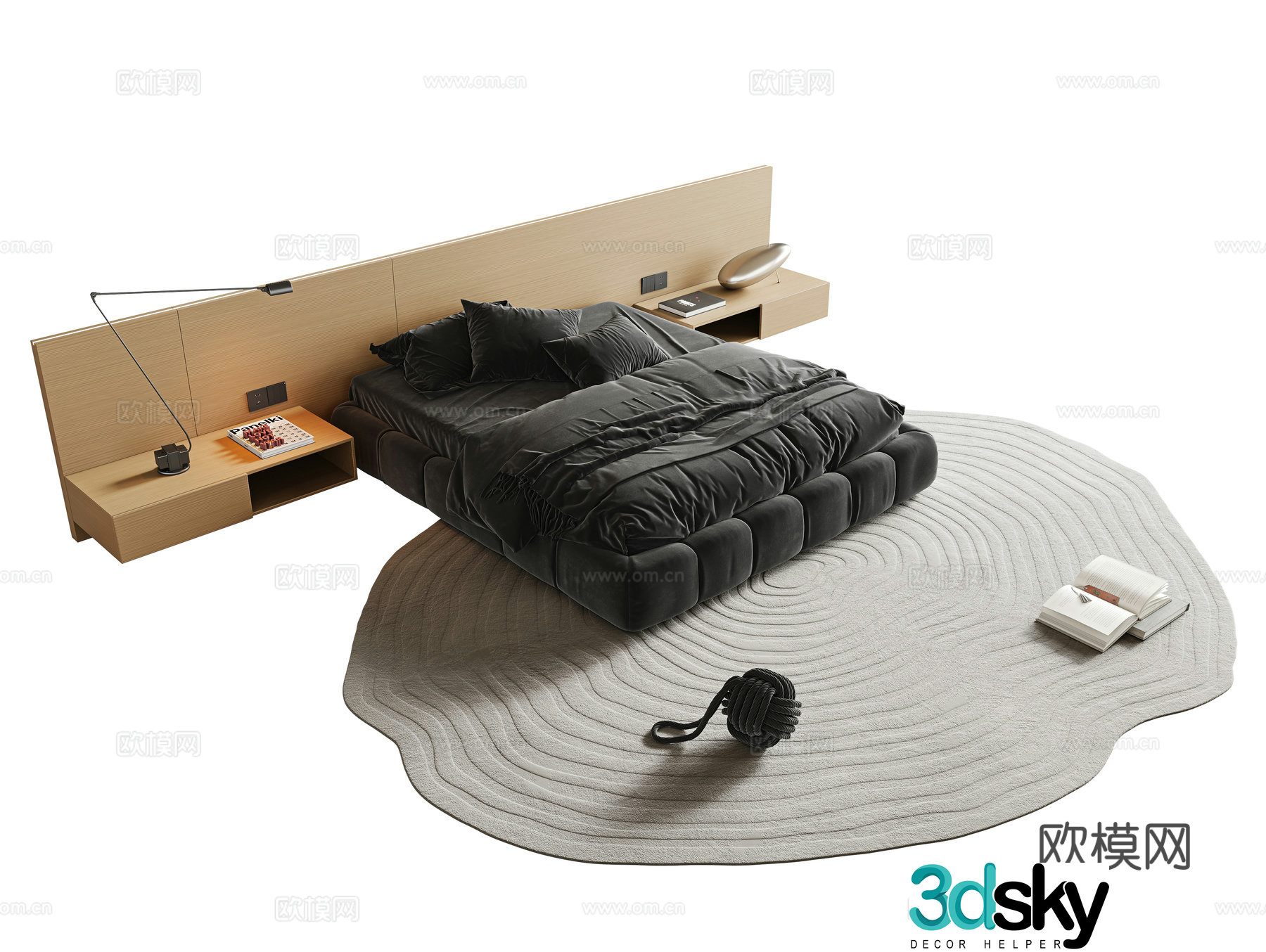 Modern minimalist double bed fabric double bed master bedroom double bed bed head back panel hanging bedside table 3D model
