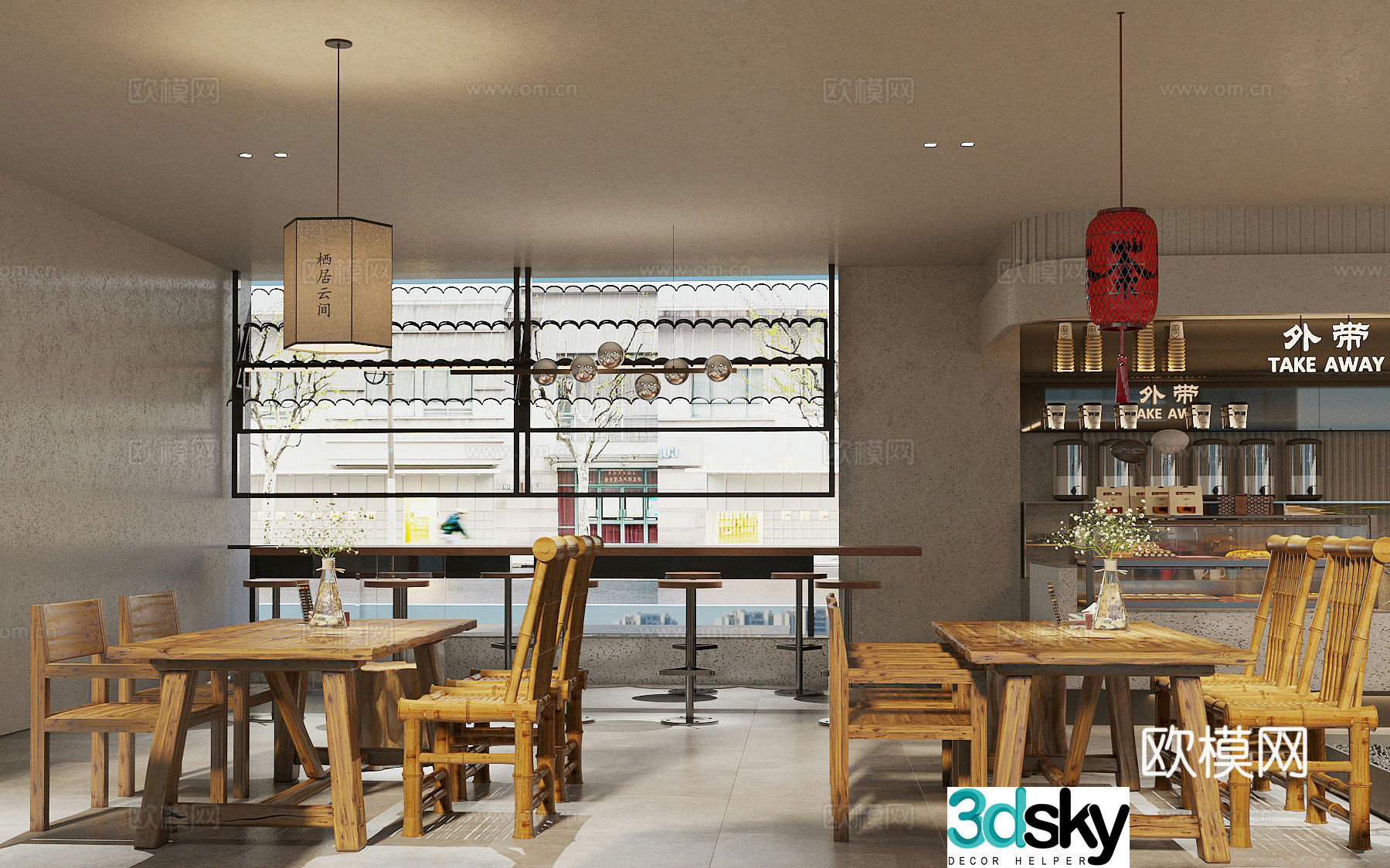 New Chinese milk tea shop cafe tea room tea house new Chinese dining table and chair combination milk tea operation table 3D model