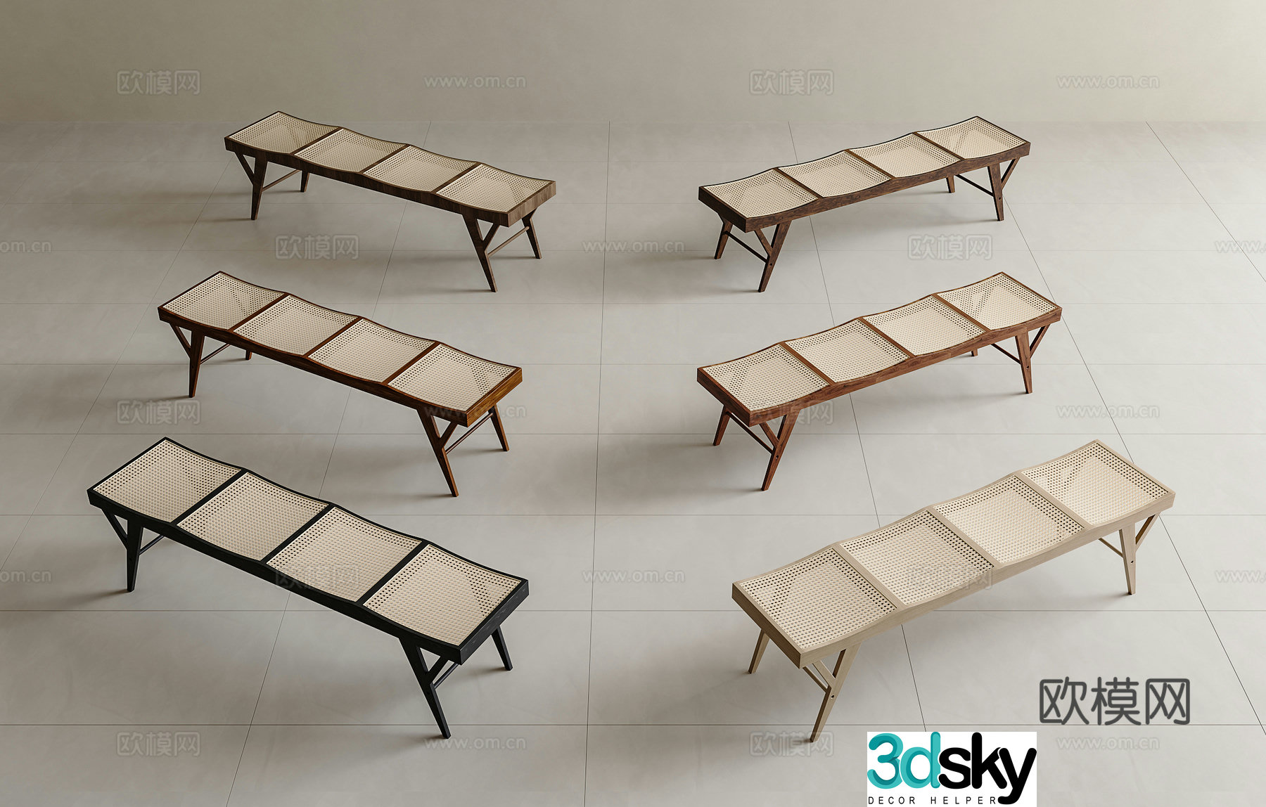 Middle-aged rattan bench bench strip bench rattan bench rattan bench rattan bed tail stool wooden bench wasabi 3d model