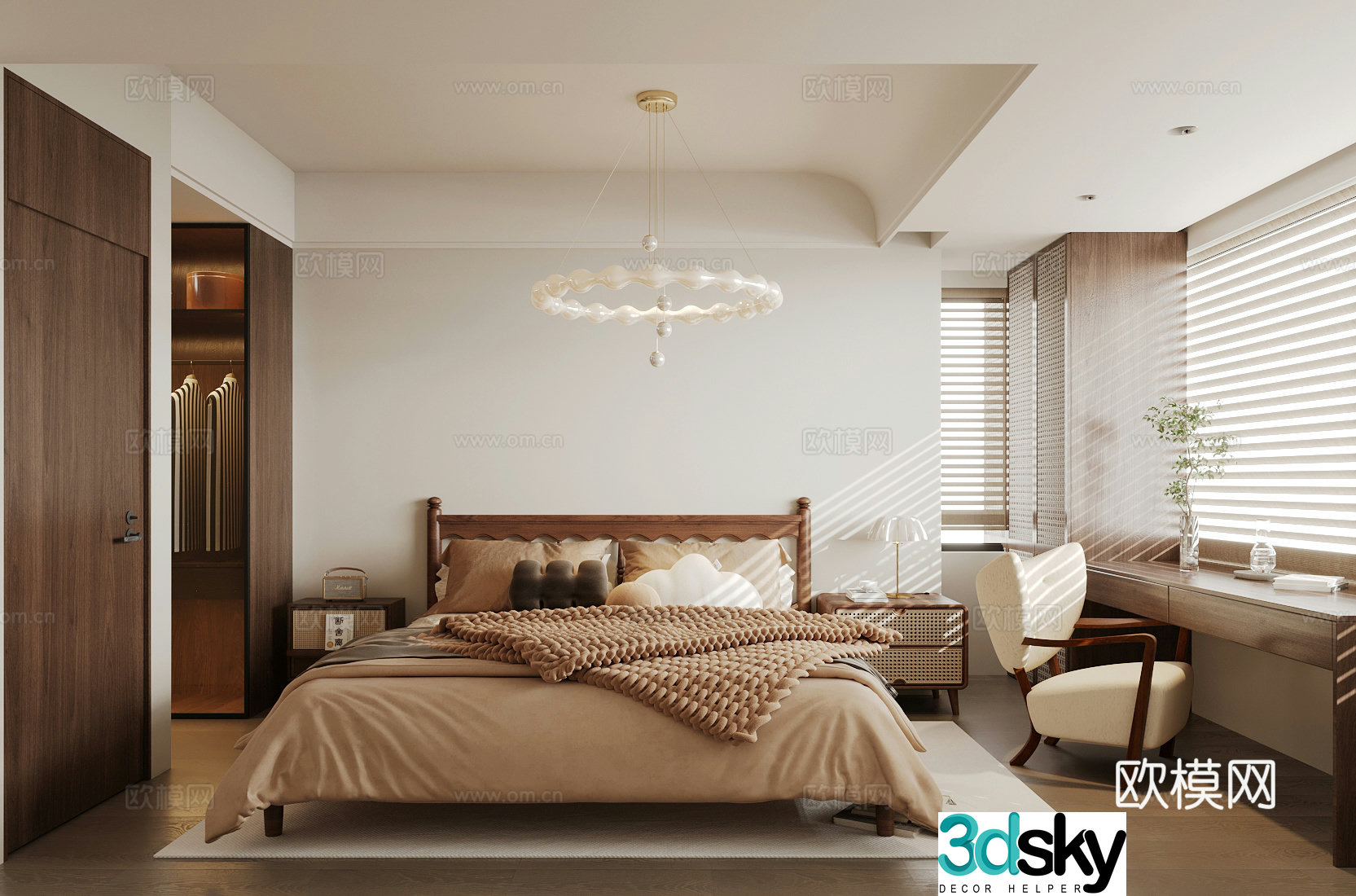 Middle style home bedroom Middle style elder room Second bedroom Middle style bedroom bed Middle style bedside table 3D model