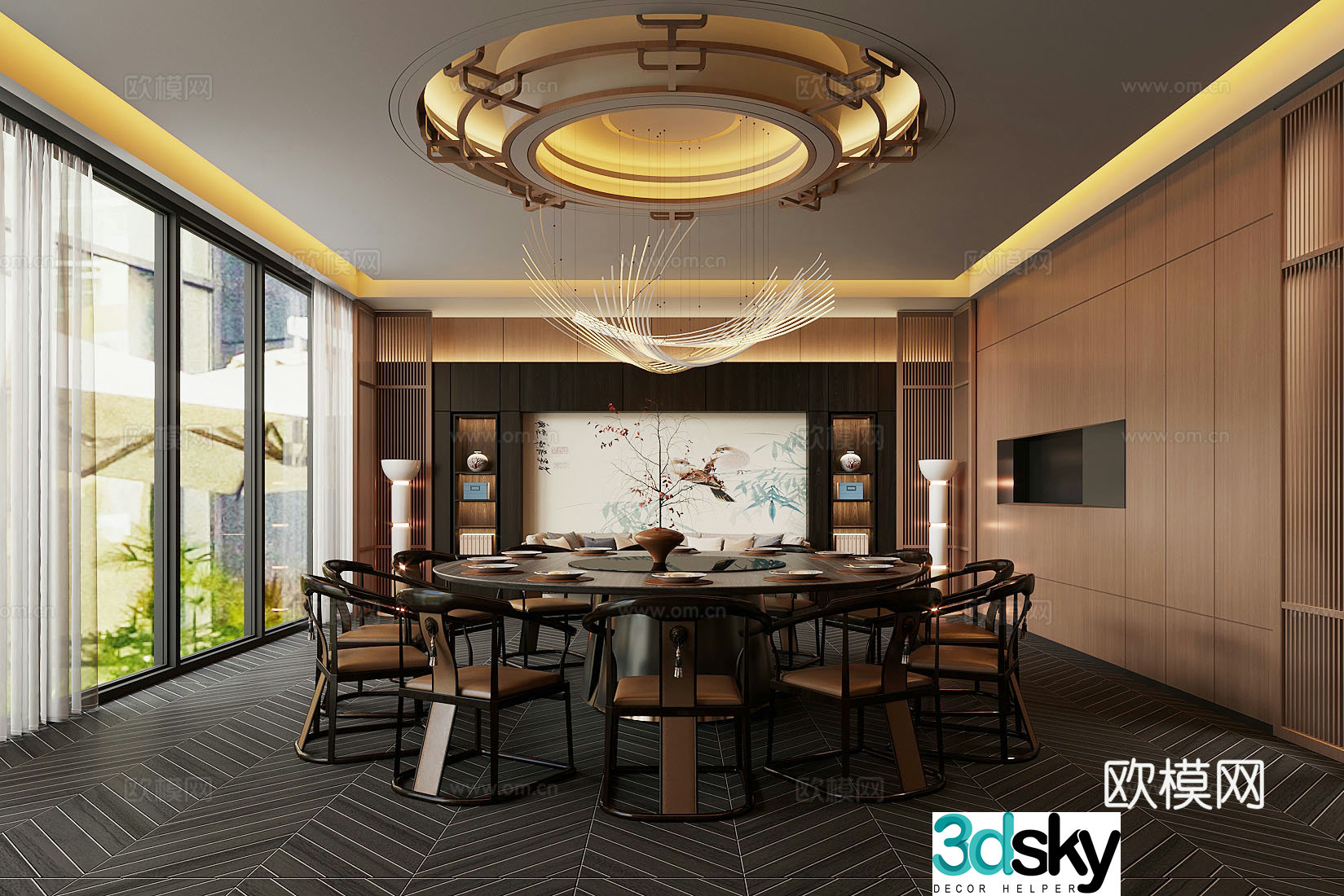 New Chinese-style private room Chinese restaurant private room Chandelier Dining table and chair combination Floor lamp 3D model