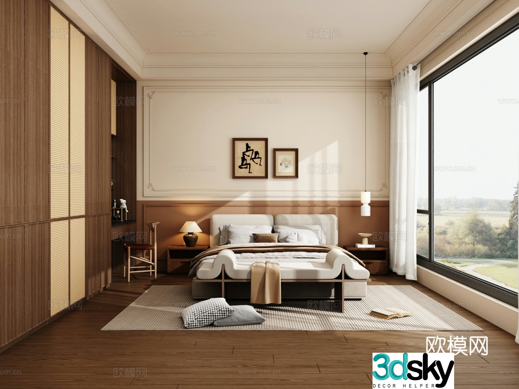 Medium style bedroom retro style bedroom rattan wardrobe 3d model