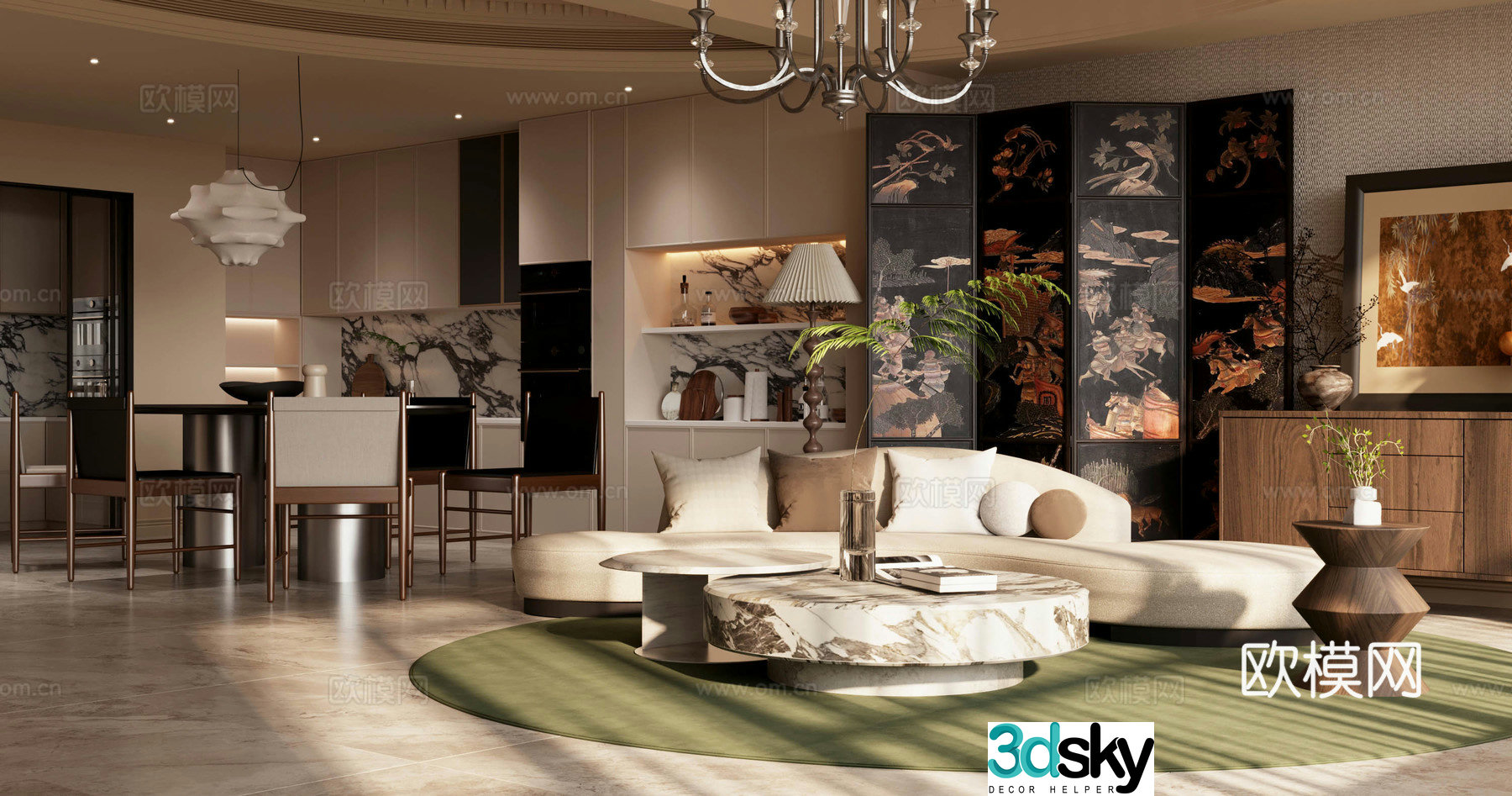 Middle-aged home living and dining room retro style living and dining room New Chinese style living and dining room Middle-aged dining table and chair 3D model