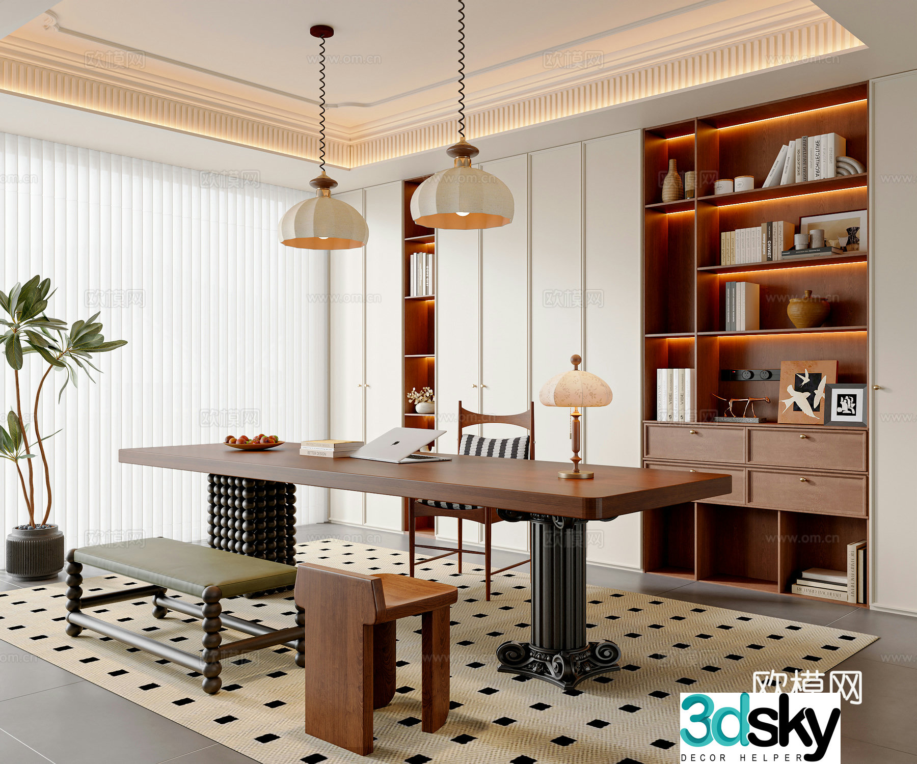 French medieval style study medieval style desk and chair combination chandeliers potted plants medieval style bookcase 3D model