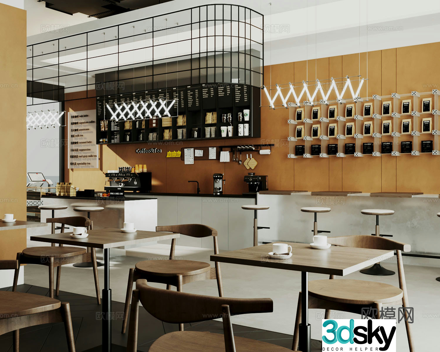 Retro Wabi Sasa Cafe Wabi Sasa Cafe Coffee Operating Table Dining Table and Chair Combination Coffee Machine Grinding 3D Model