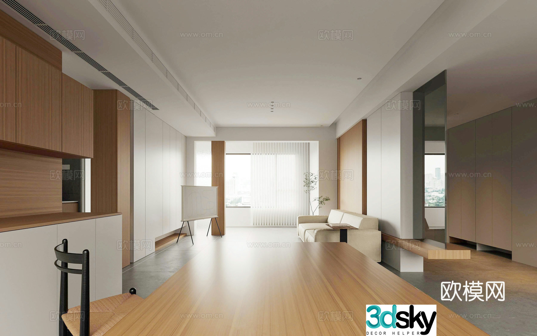 Modern minimalist apartment living and dining kitchen apartment open kitchen dining sofa coffee table dining table chair set 3d model