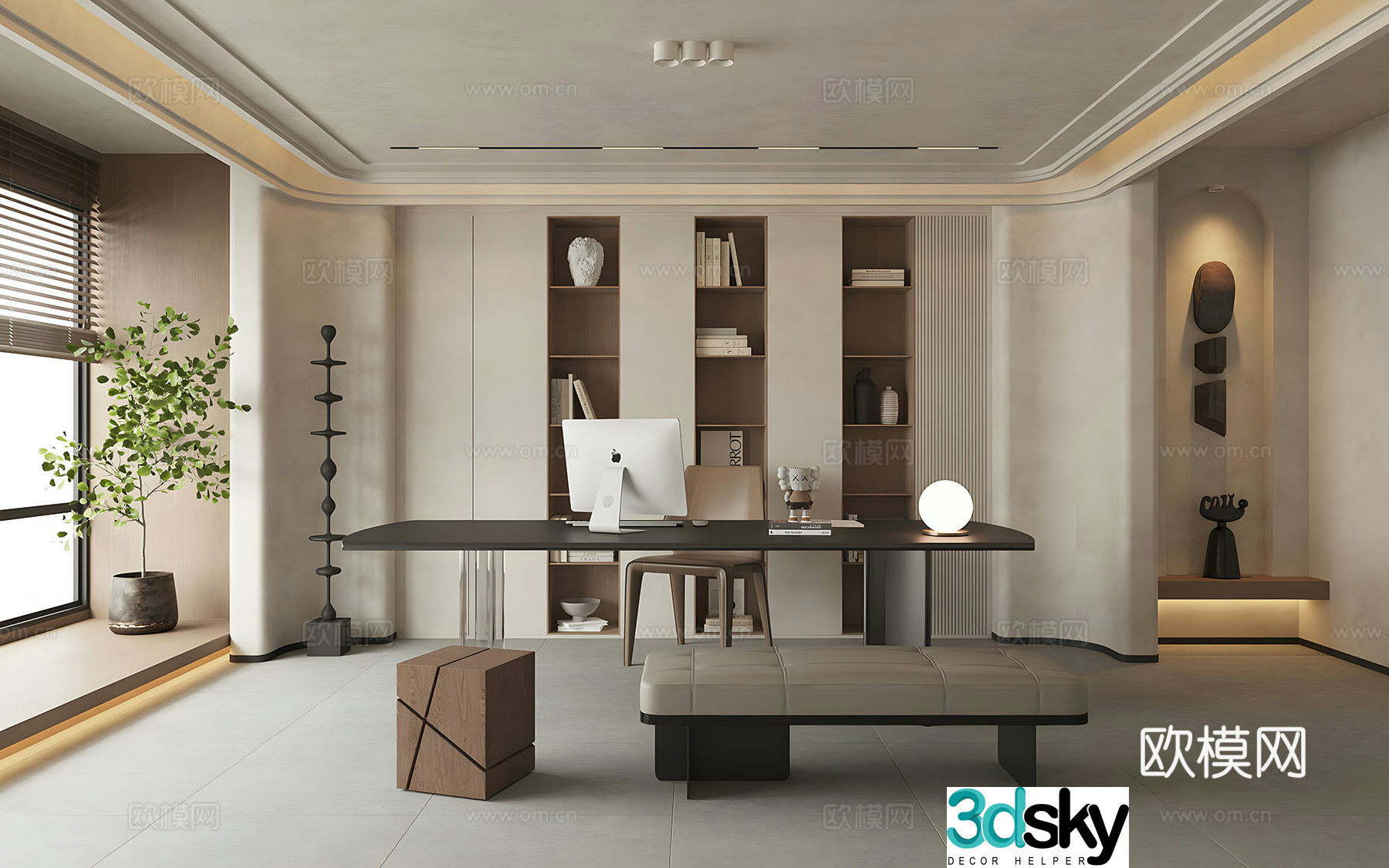 Modern home study living room study open study desk and chair cabinet wall cabinet bookcase 3D model