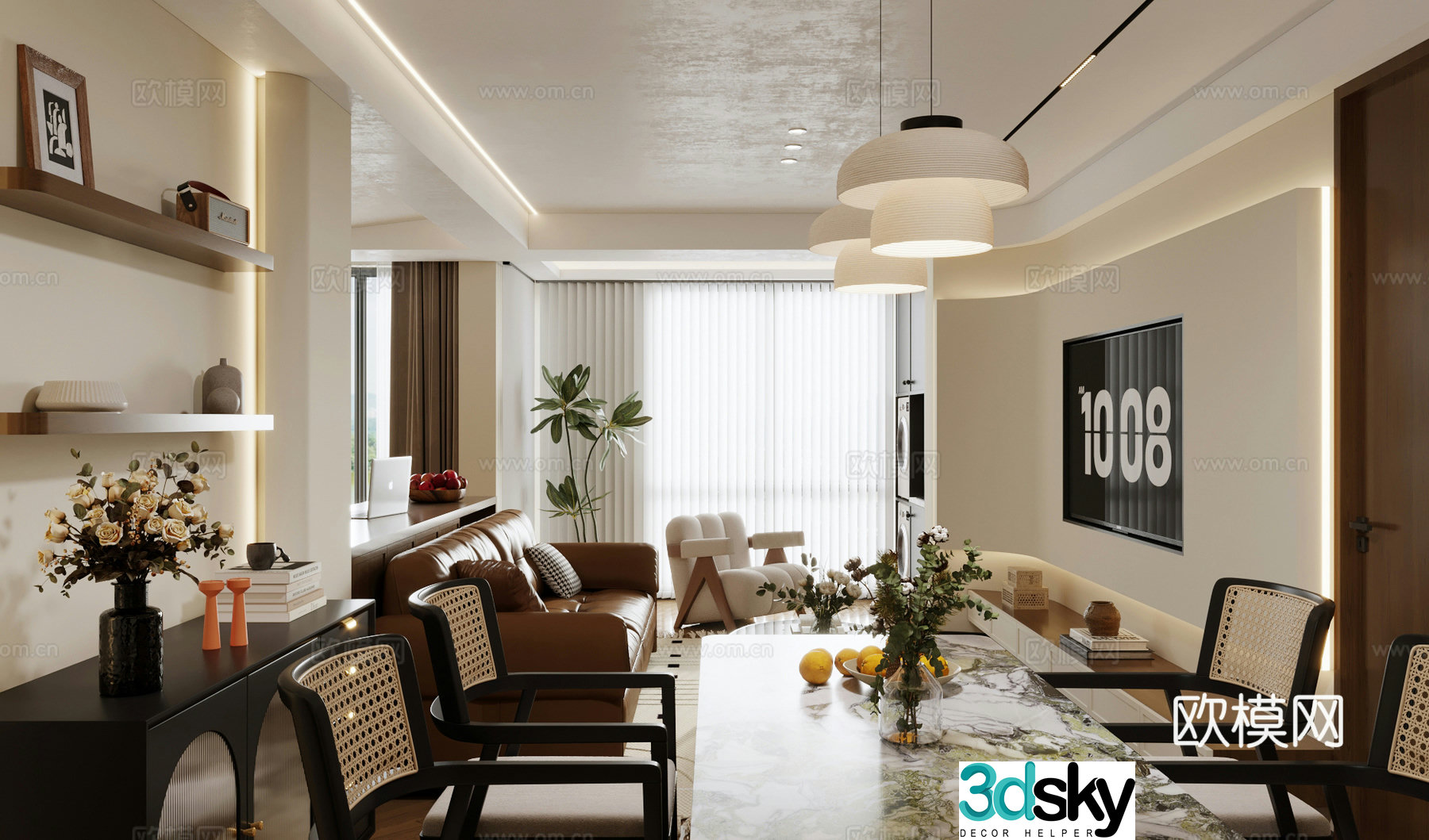 Middle style living room large flat floor living room sofa and coffee table combination middle style dining table and chair 3D model