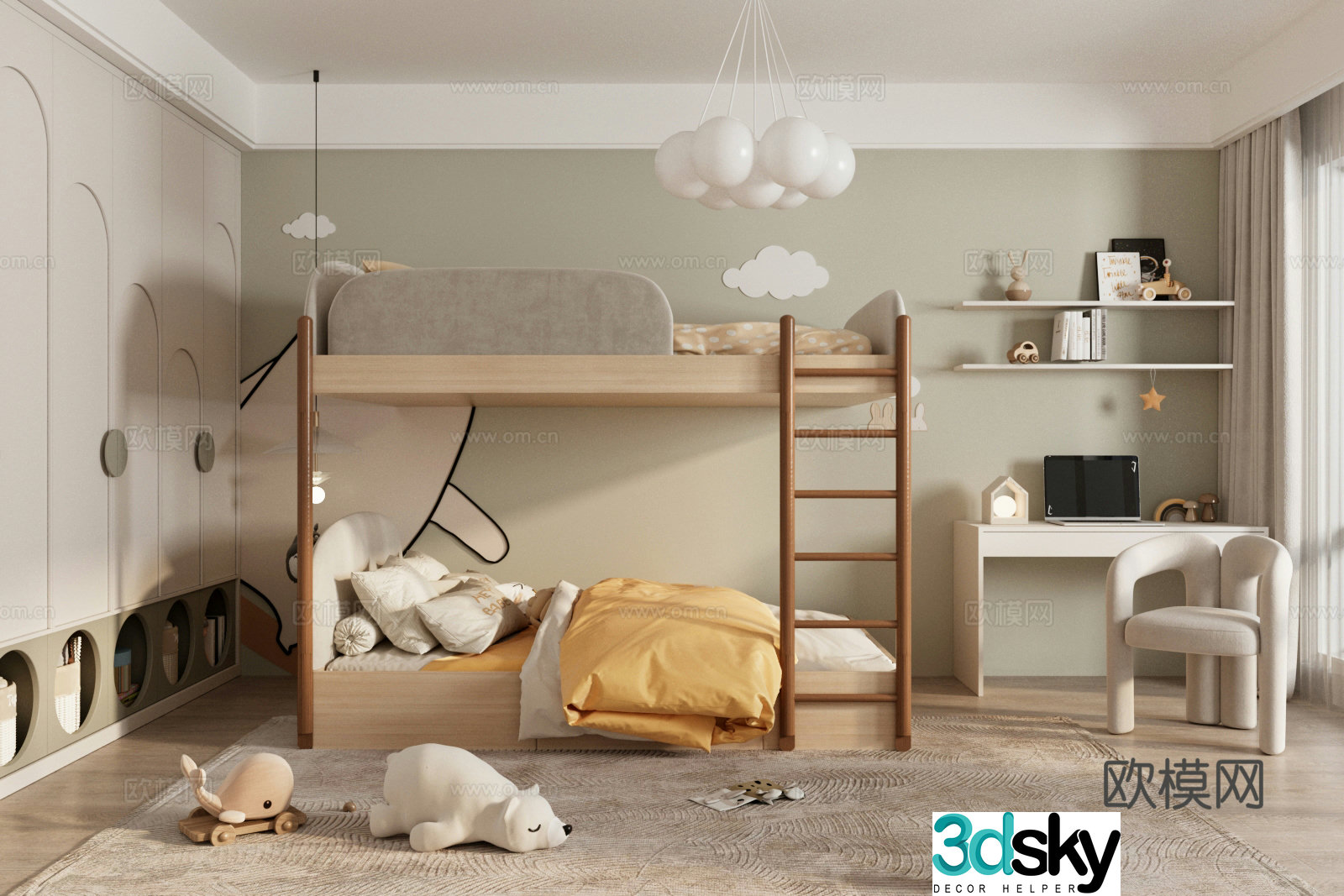 Modern universal children’s room Children’s room Bed and bottom bed Study table and chair combination Storage rack 3D model