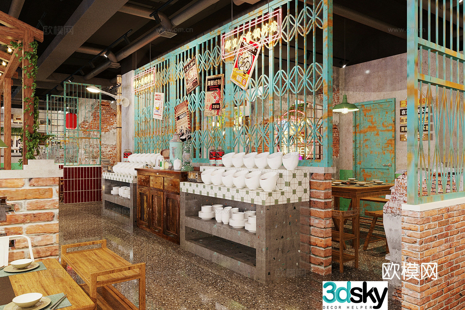 New Chinese hot pot restaurant barbecue barbecue restaurant chicken pot restaurant hot pot restaurant table and chairs hot pot restaurant tableware 3D model