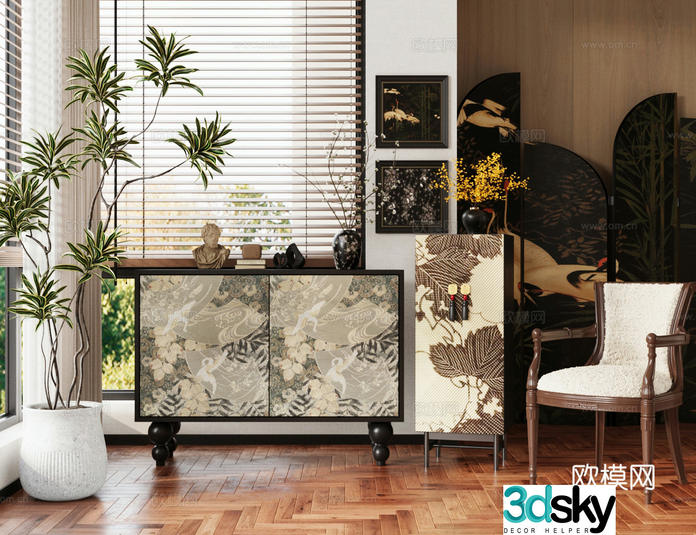 Middle-aged style chest of drawers porch cabinet retro side cabinet 3D model