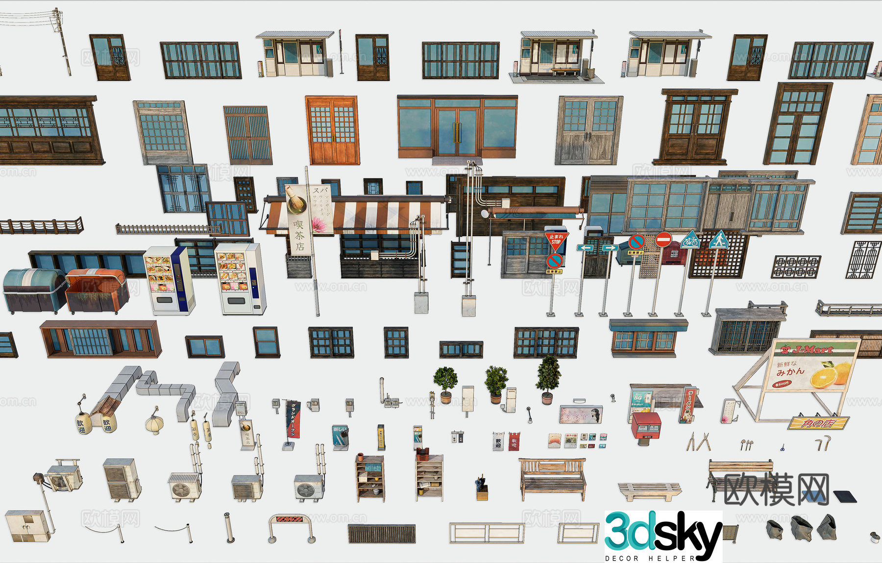 Japanese building accessories Japanese community sketches Windows air conditioning outdoor accessories Green plant door view 3D model