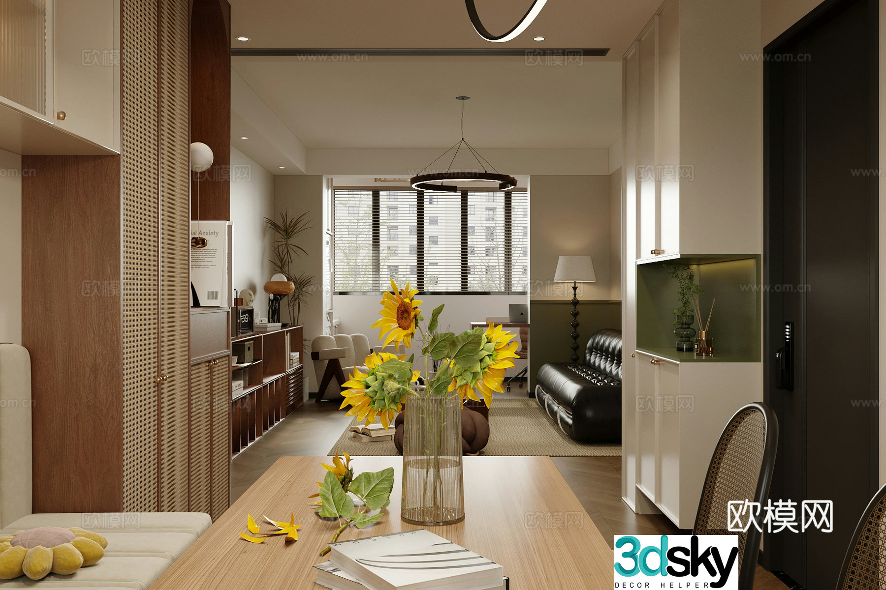 Middle style living room large flat floor living room sofa and coffee table combination middle style dining table and chair 3D model
